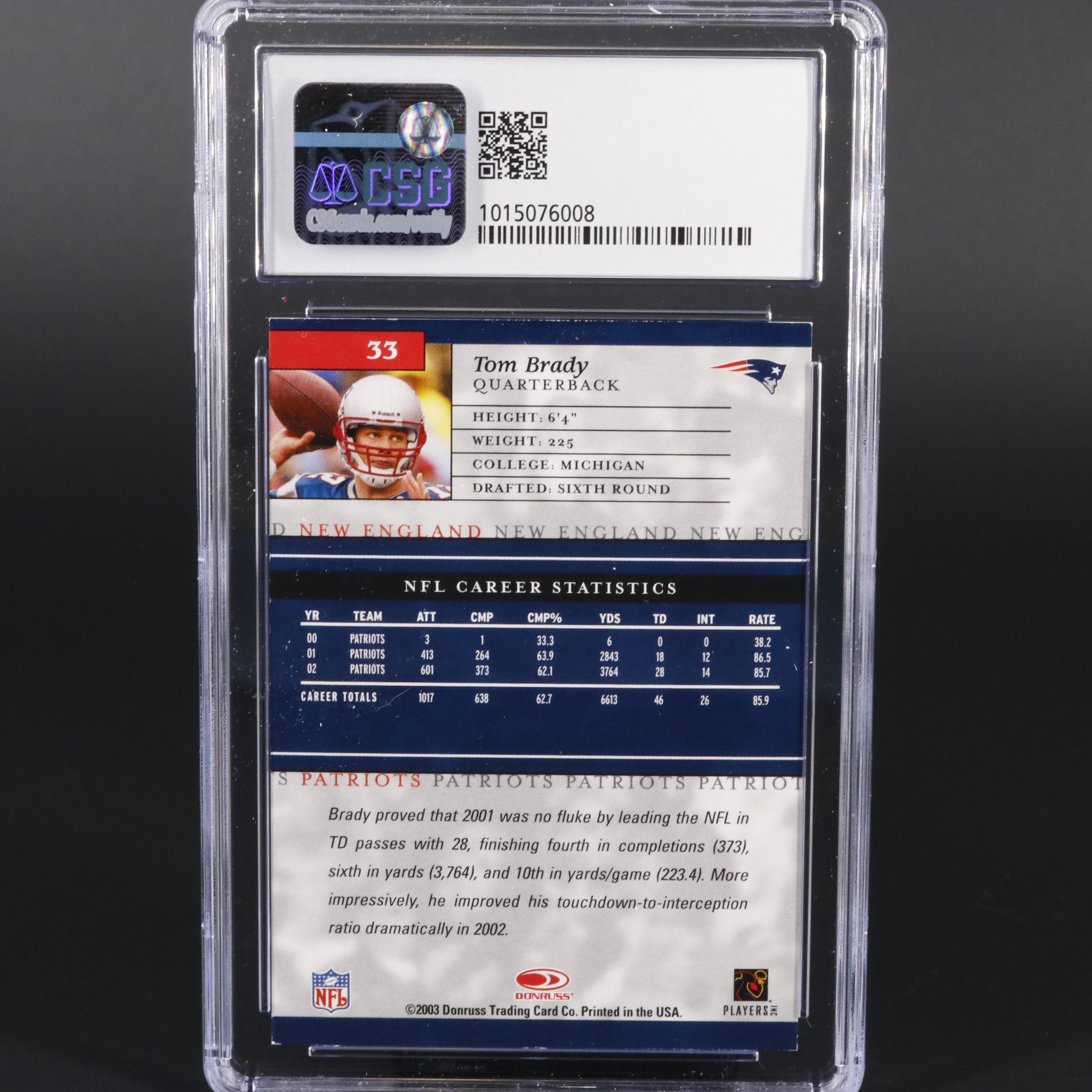 2003 Donruss Elite Sample Tom Brady #33 Graded CSG Mint 8 Football Card