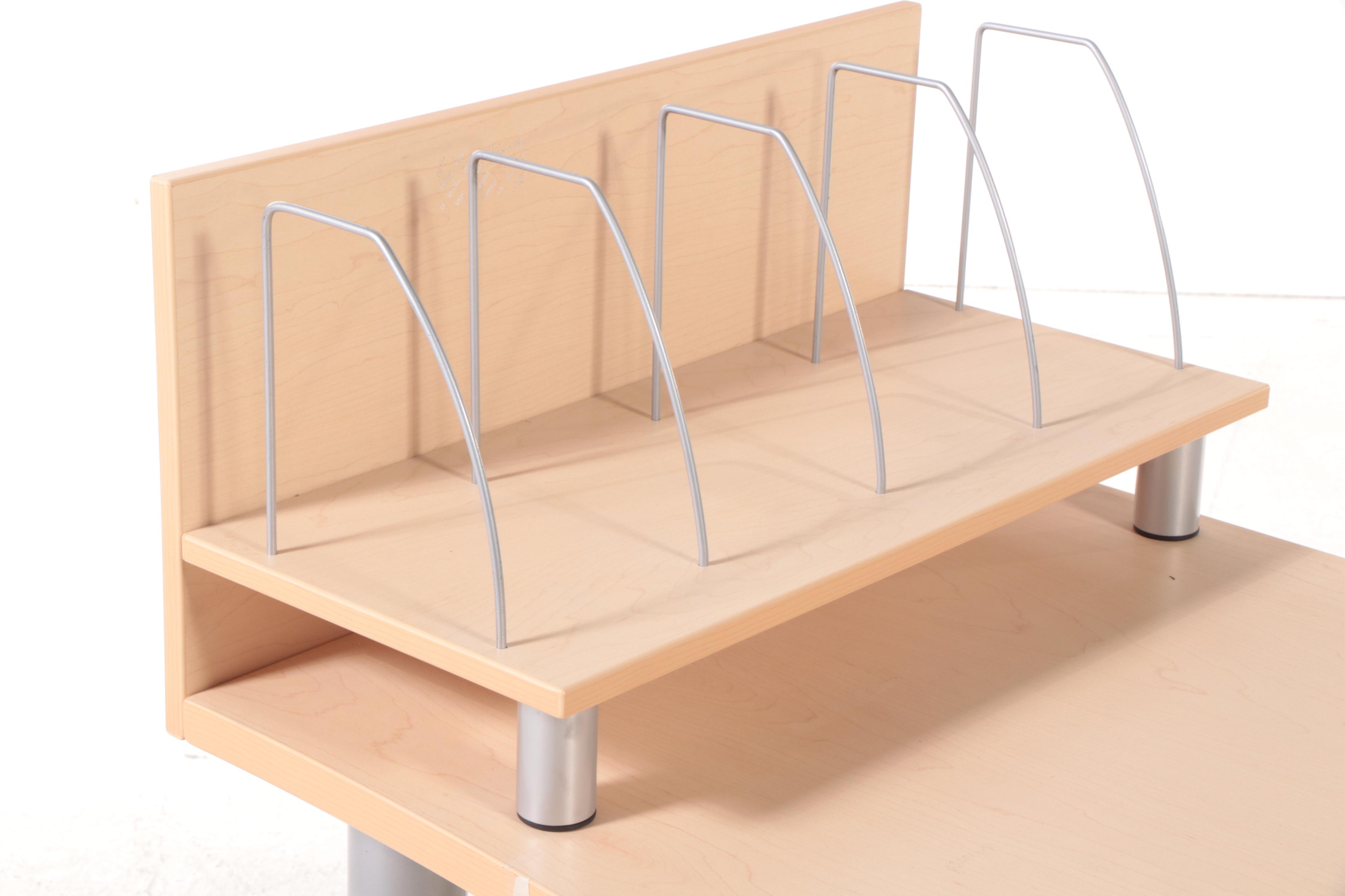 Modernist Maple-Grained Laminated Writing Desk with Metal Legs and Bookshelf