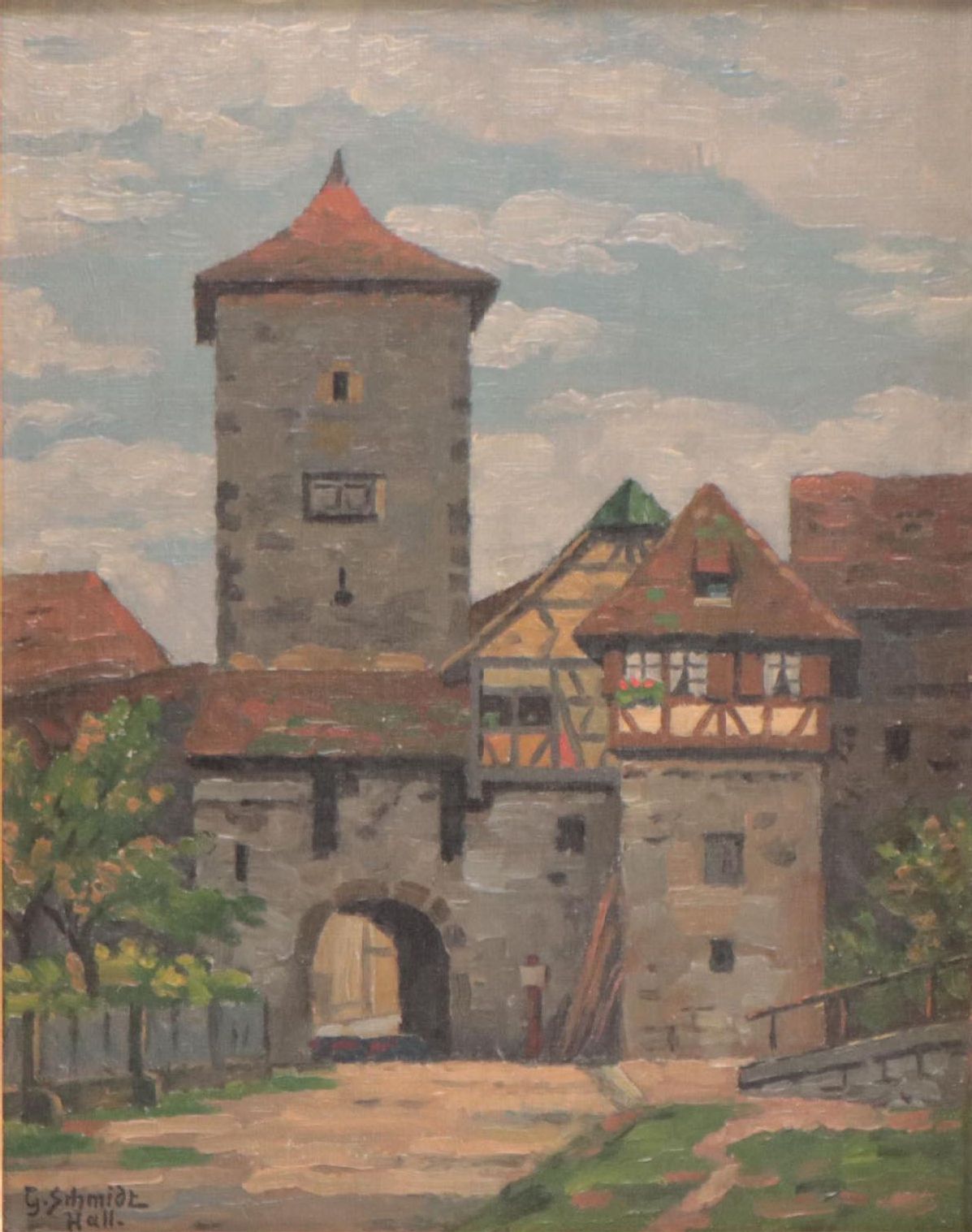 G. Schmidt Oil Painting of Swabian Hall, Mid-20th Century