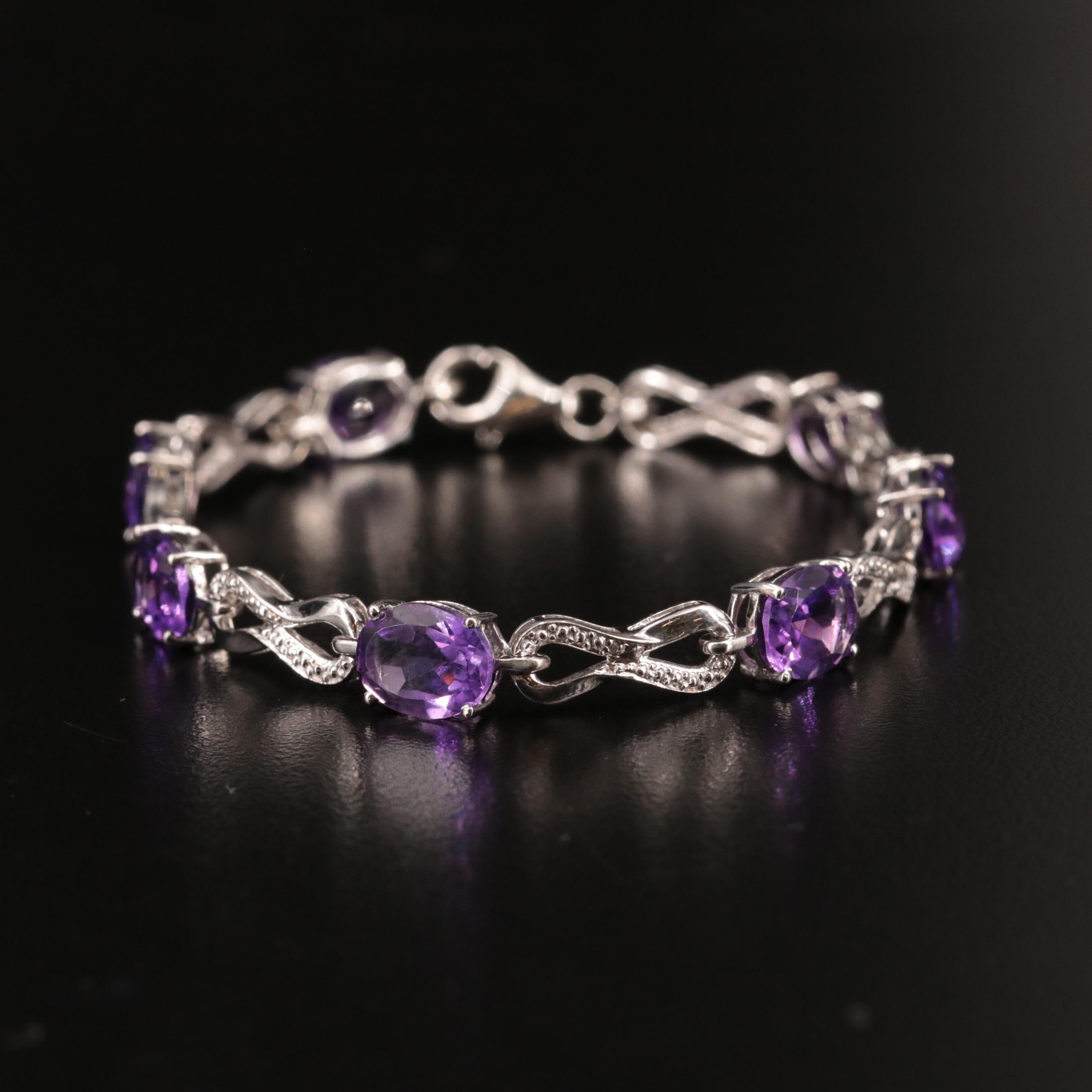 Sterling Silver Amethyst and Diamond Bracelet