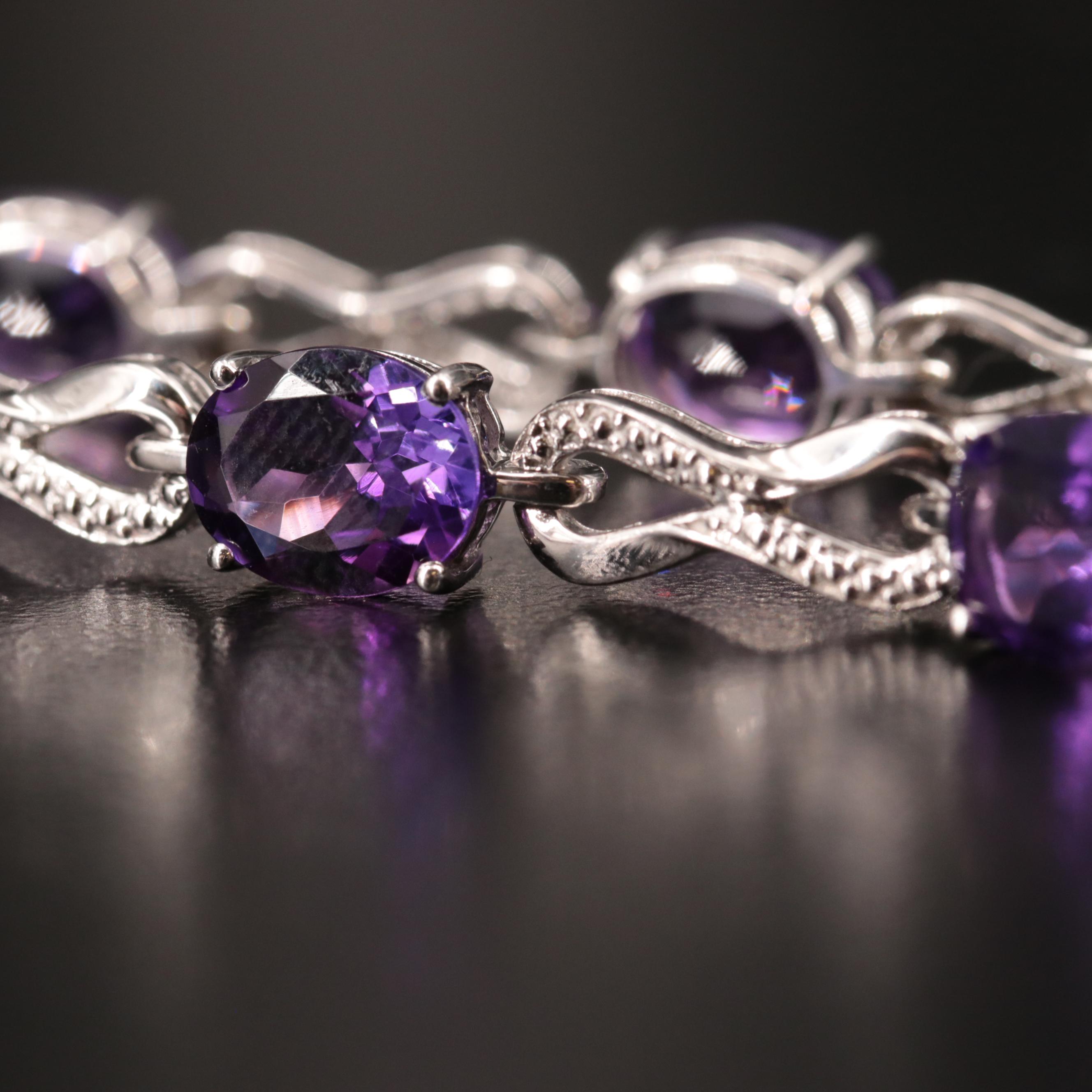 Sterling Silver Amethyst and Diamond Bracelet