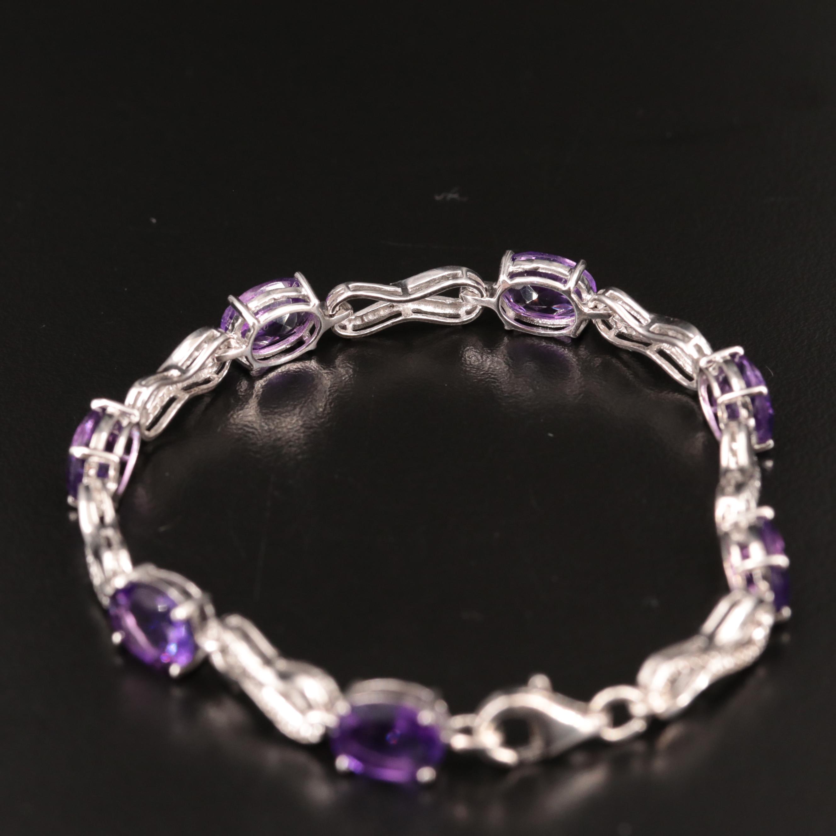 Sterling Silver Amethyst and Diamond Bracelet