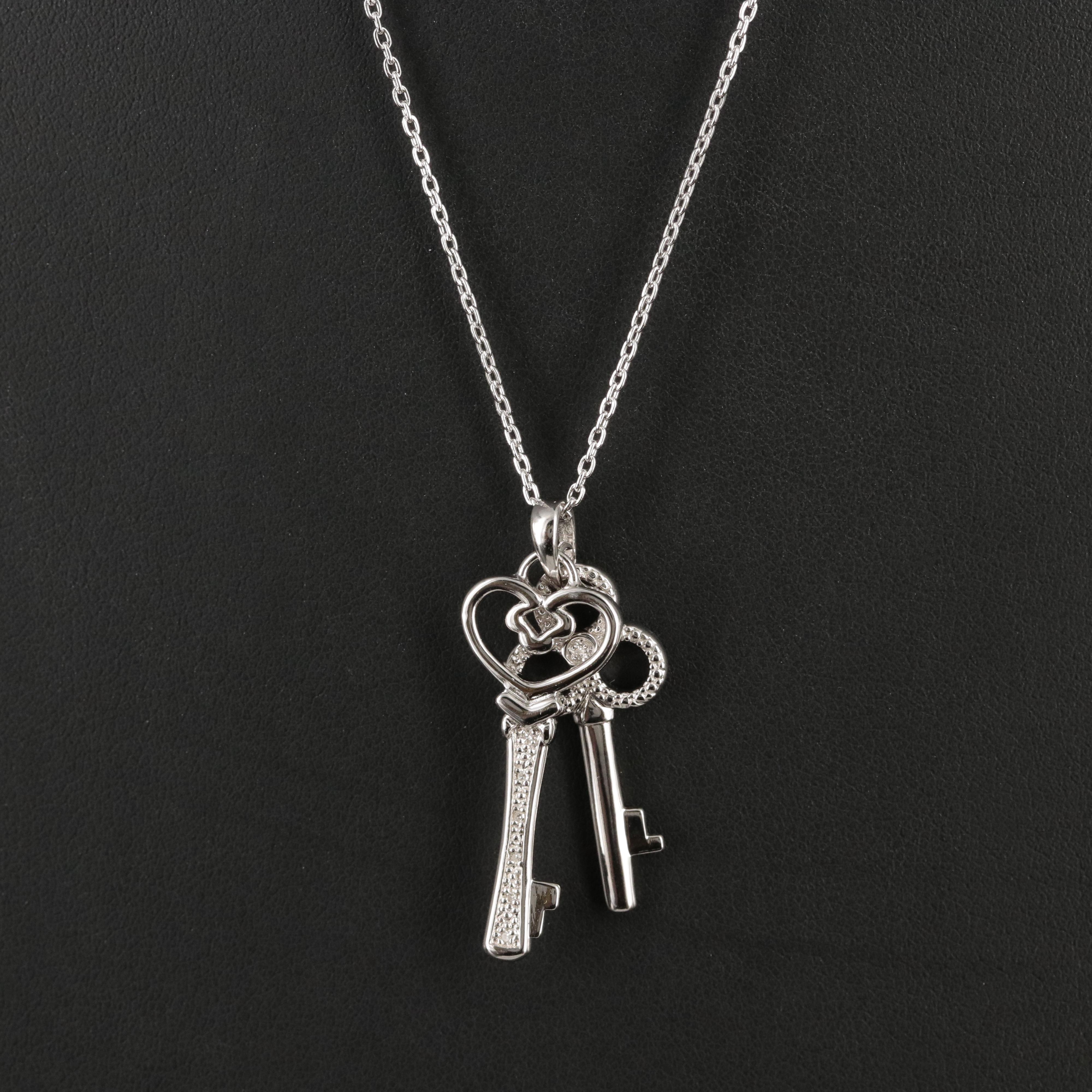 Sterling Diamond Double Skeleton Key Pendant Necklace