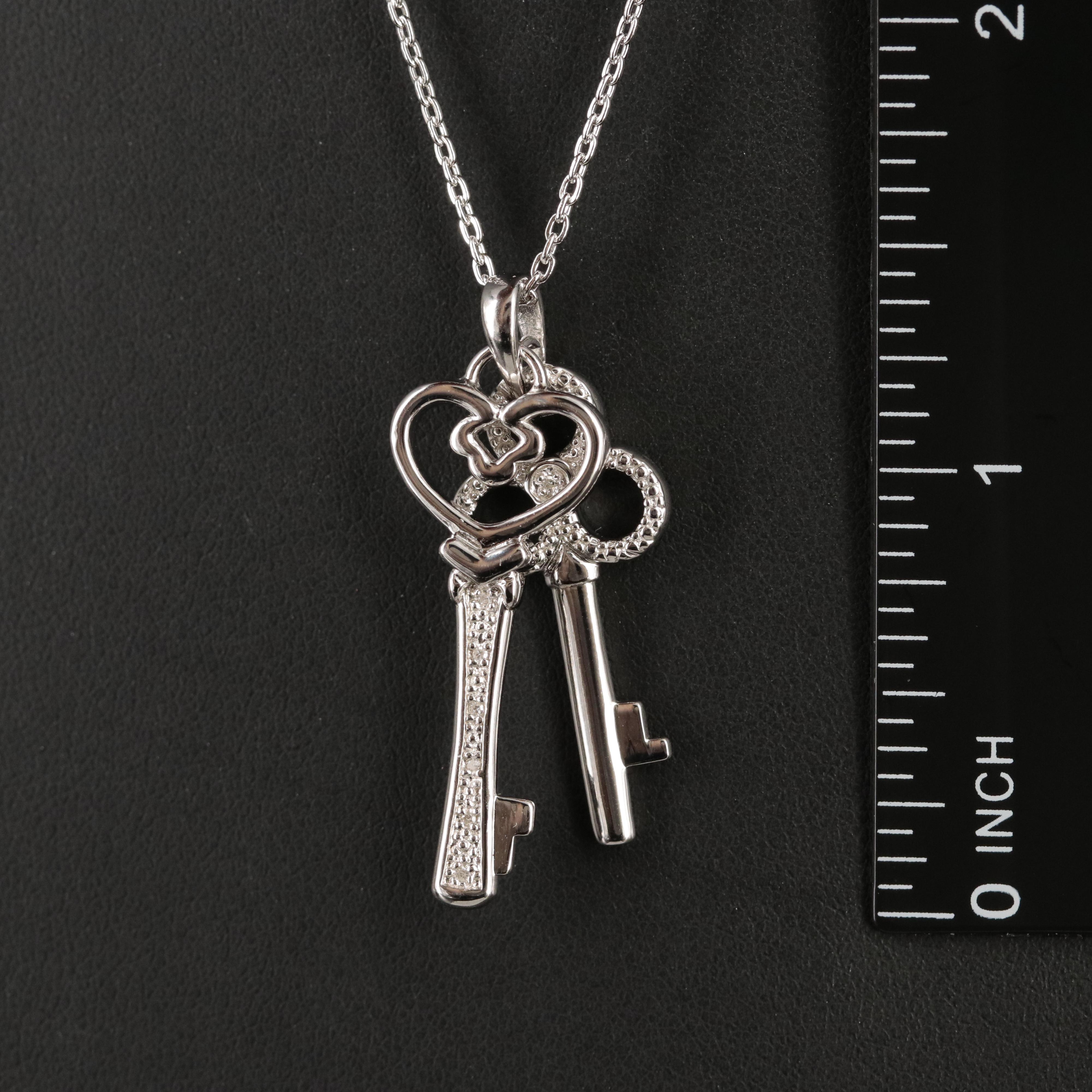 Sterling Diamond Double Skeleton Key Pendant Necklace