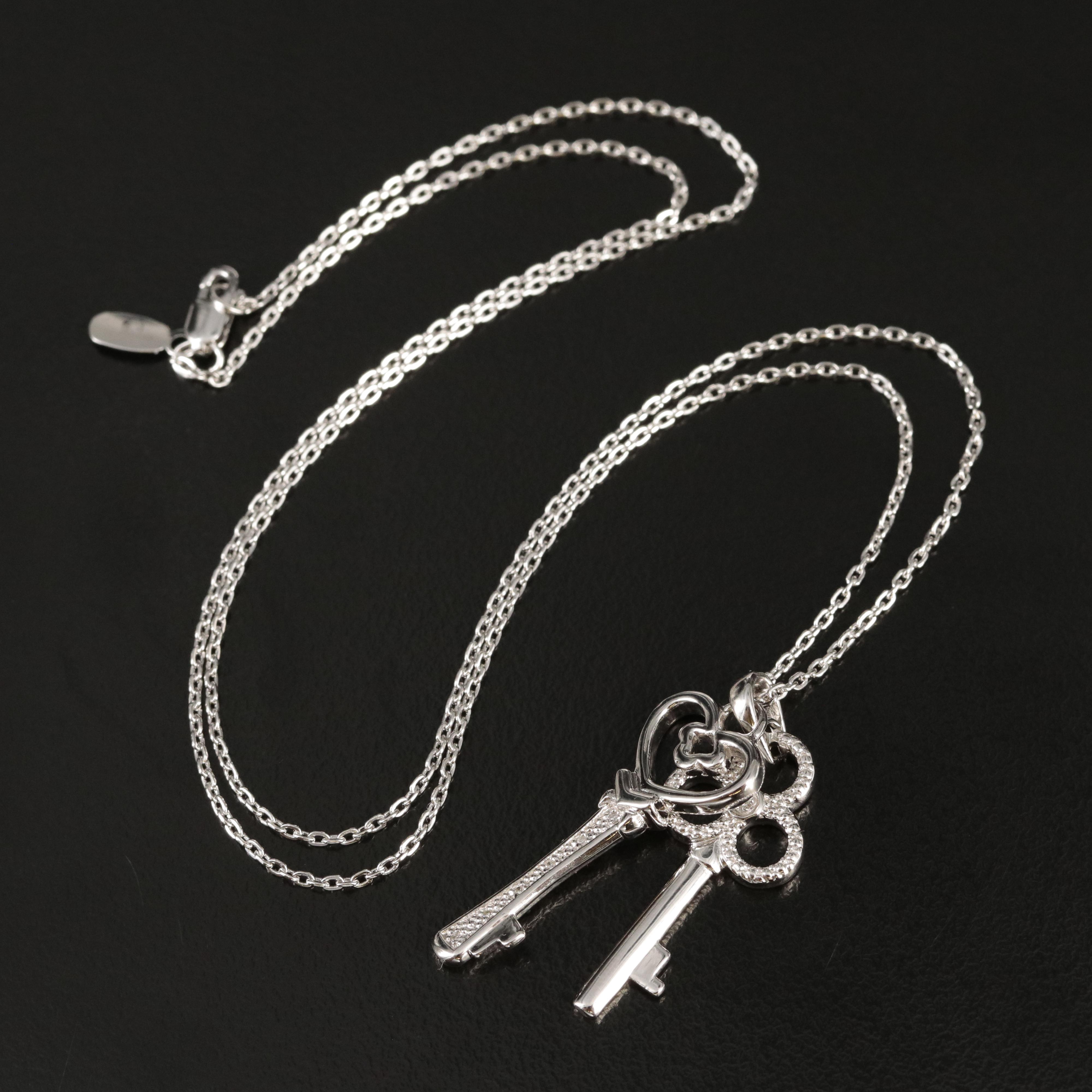 Sterling Diamond Double Skeleton Key Pendant Necklace