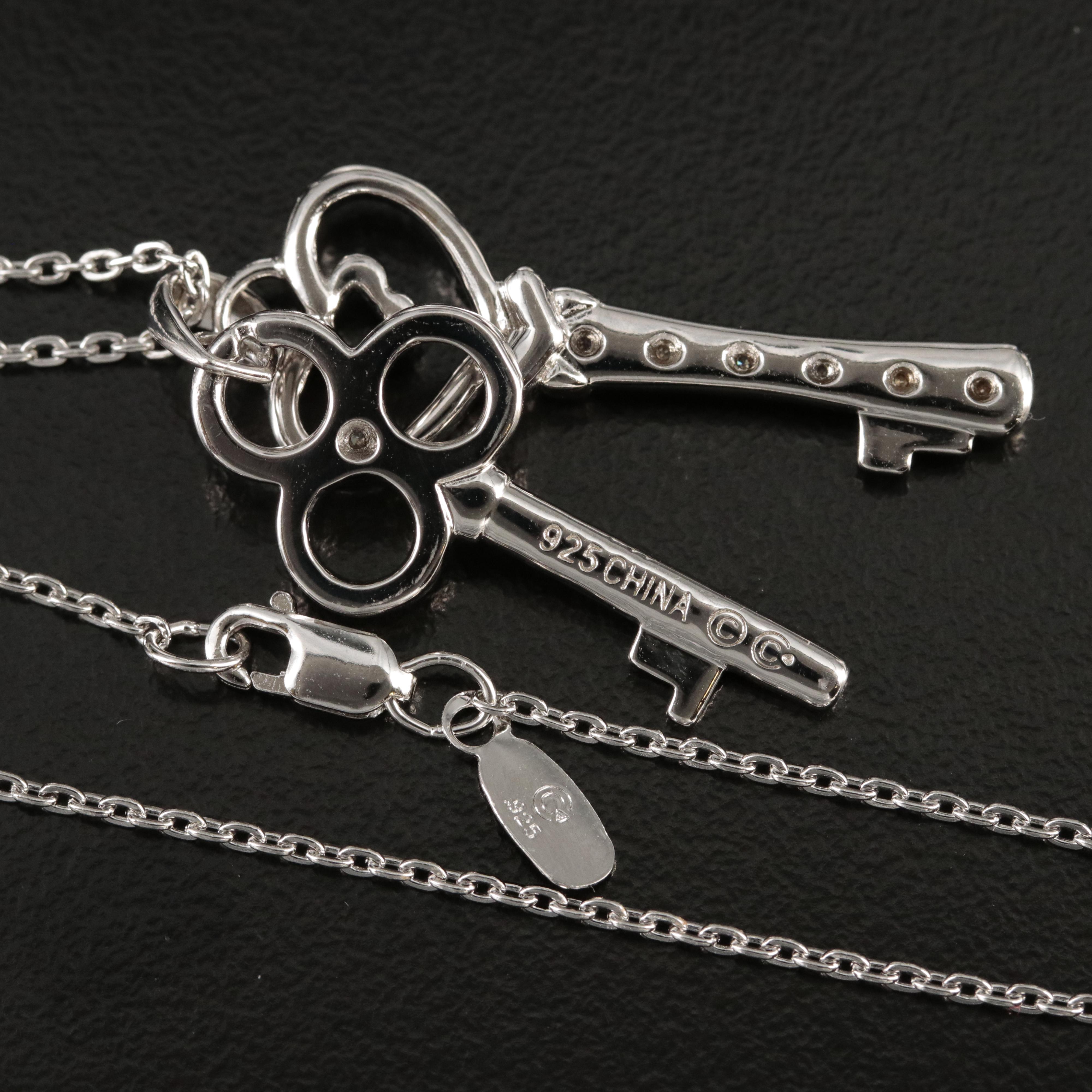 Sterling Diamond Double Skeleton Key Pendant Necklace