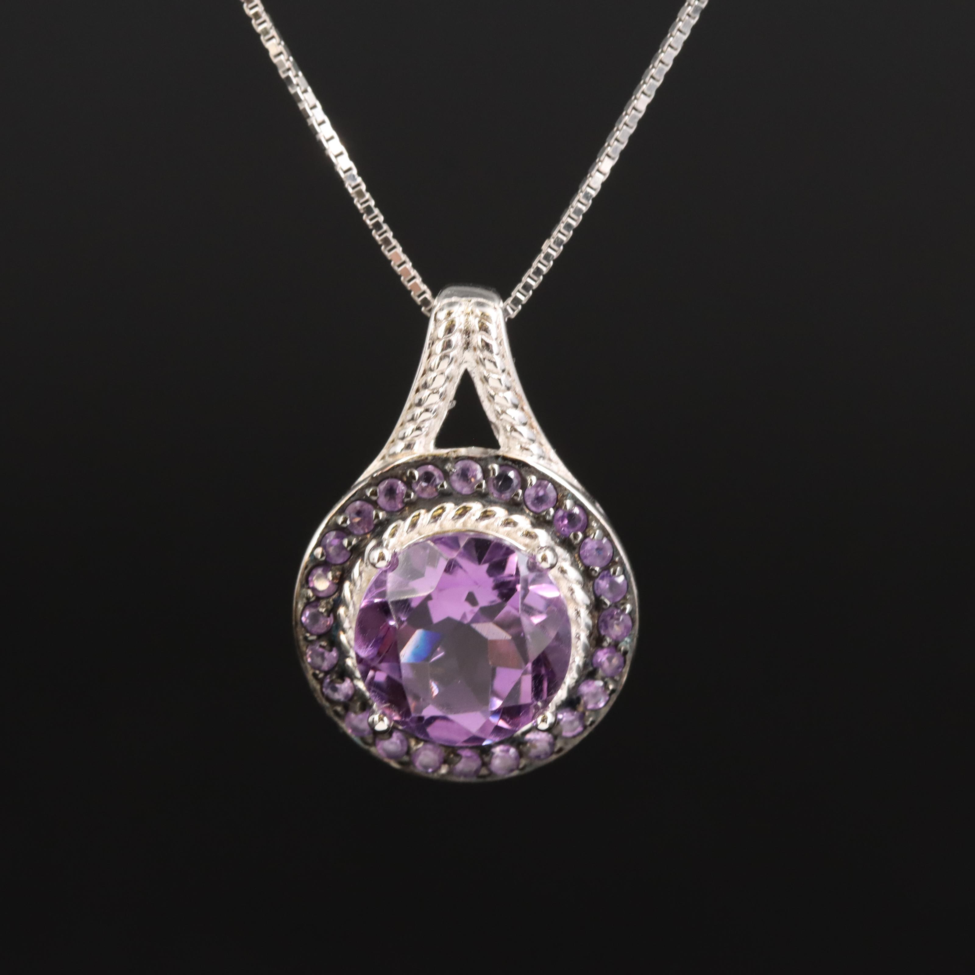 Sterling Amethyst Halo Pendant Necklace