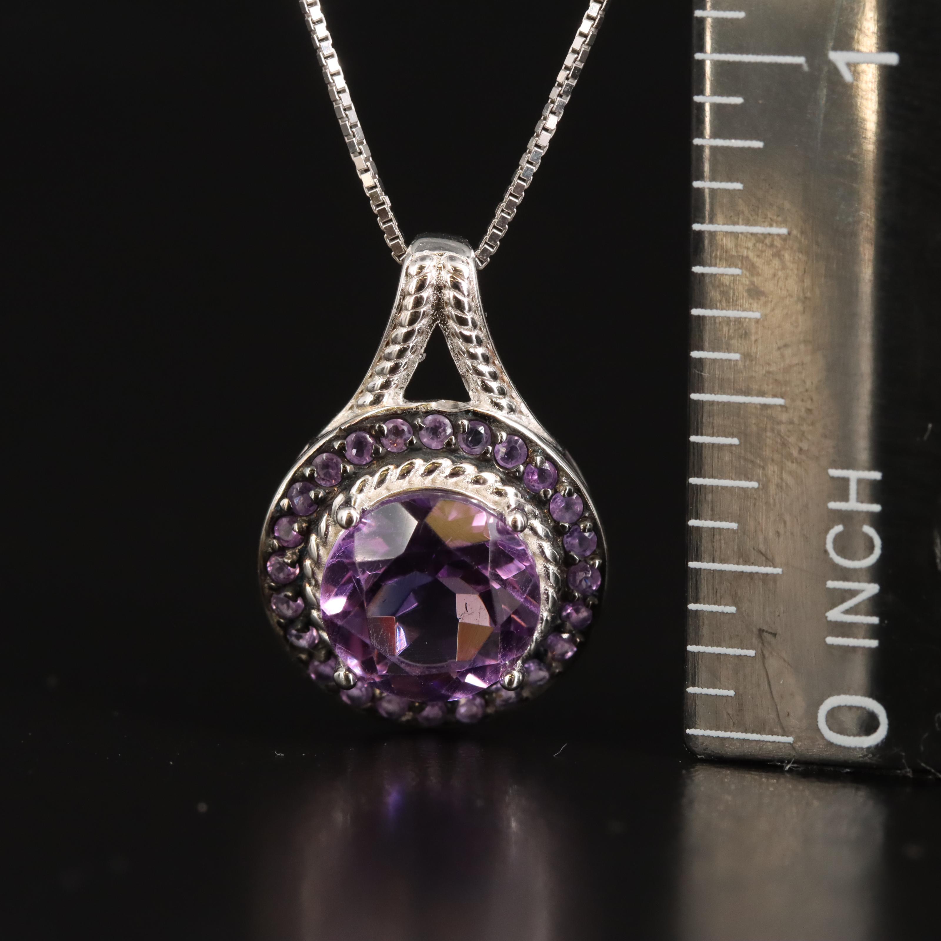 Sterling Amethyst Halo Pendant Necklace
