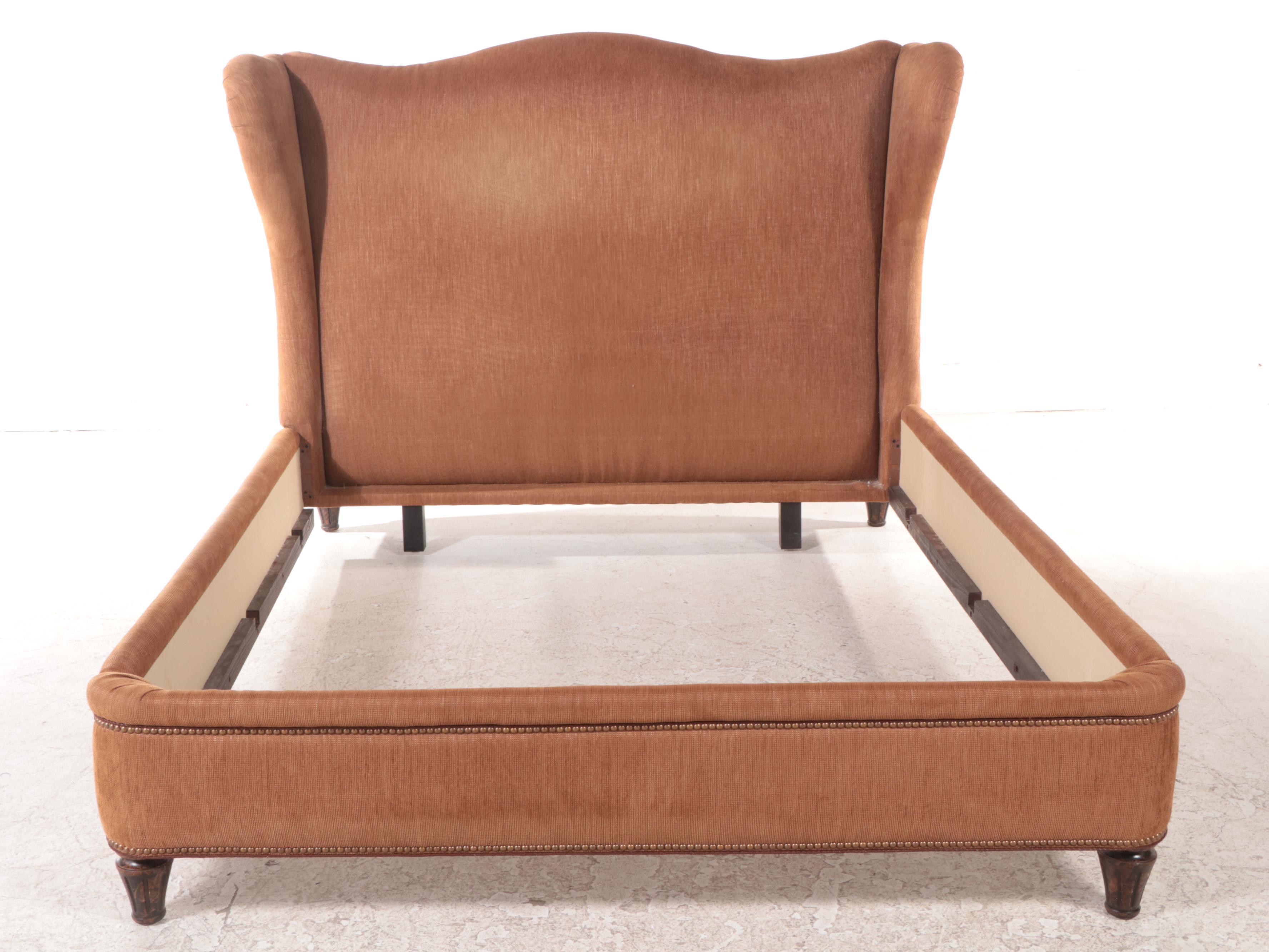 Custom-Upholstered Queen Size Bed Frame with Nailheads and Wingback Headboard