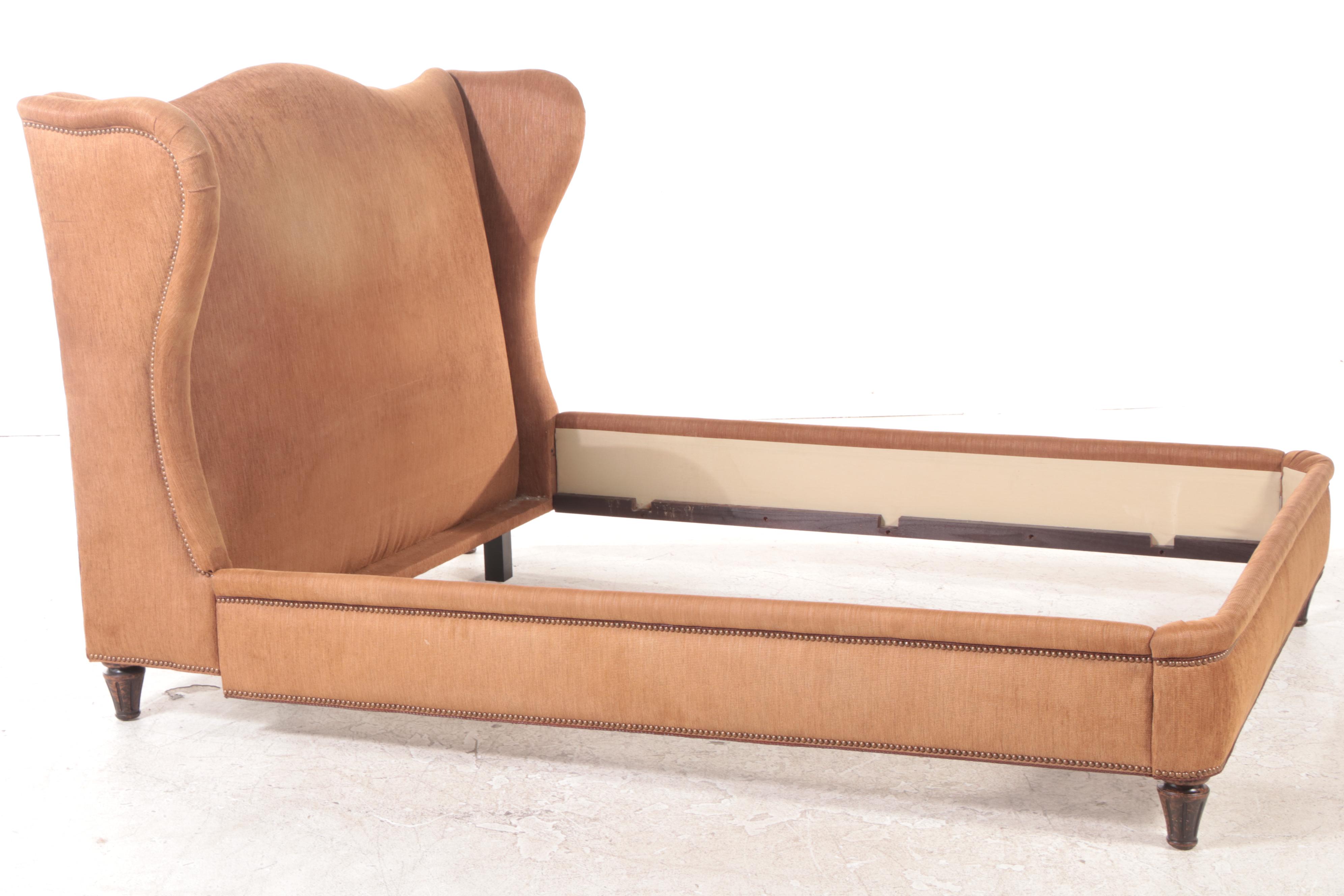 Custom-Upholstered Queen Size Bed Frame with Nailheads and Wingback Headboard