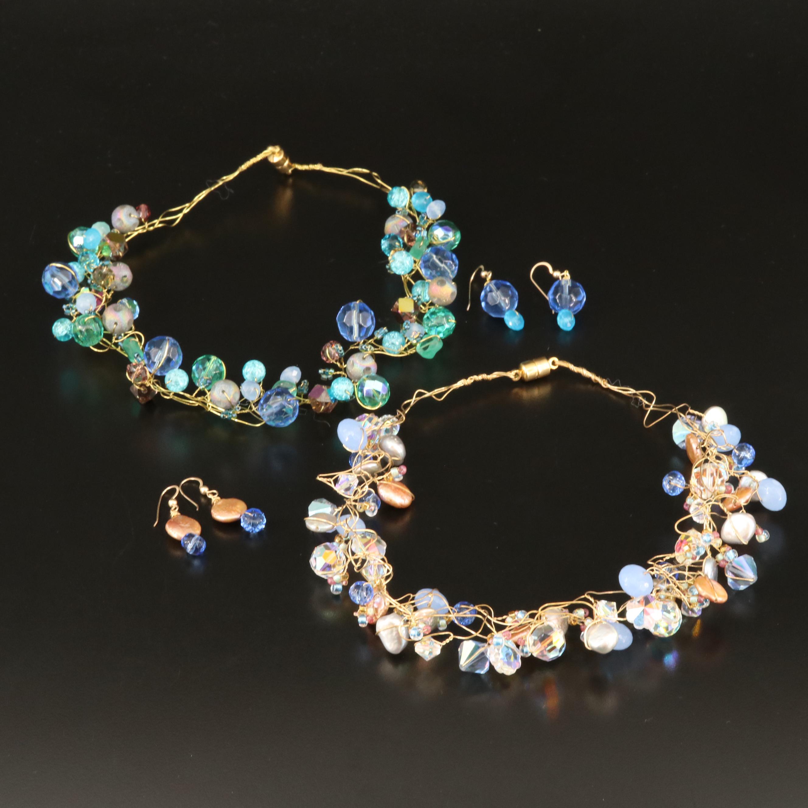 Wire Wrapped Glass Freeform Necklaces and Earrings