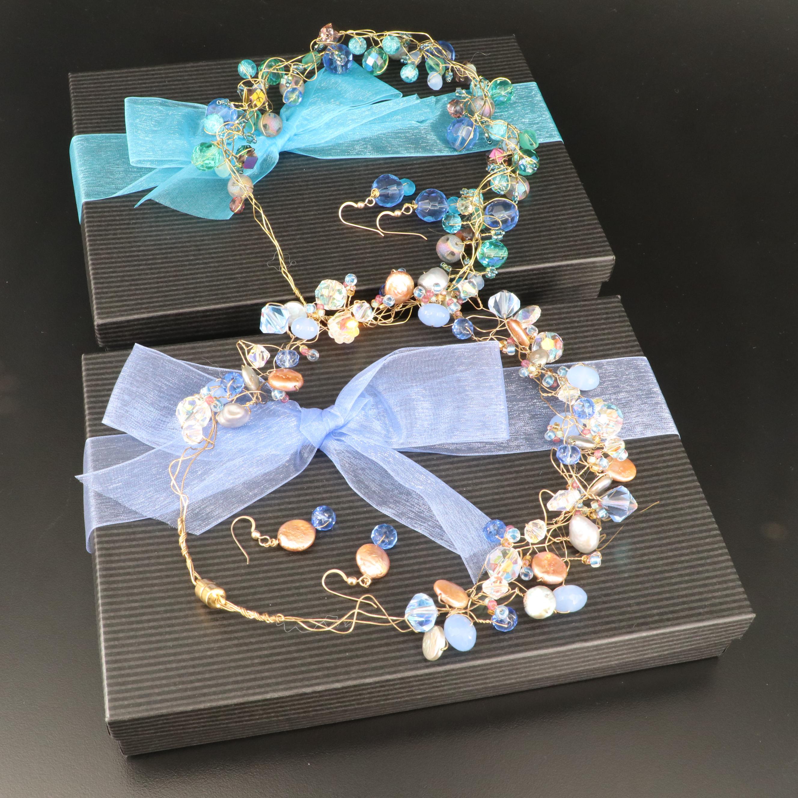 Wire Wrapped Glass Freeform Necklaces and Earrings