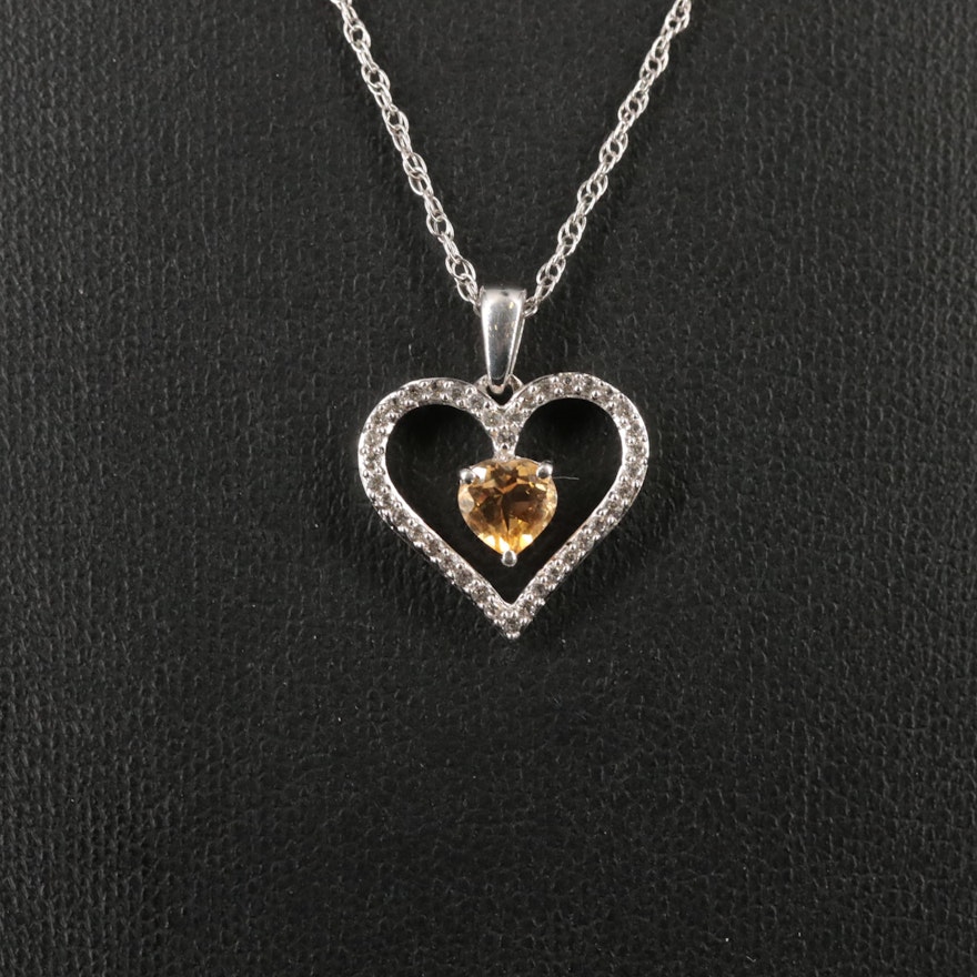 Sterling Citrine and Sapphire Heart Pendant Necklace