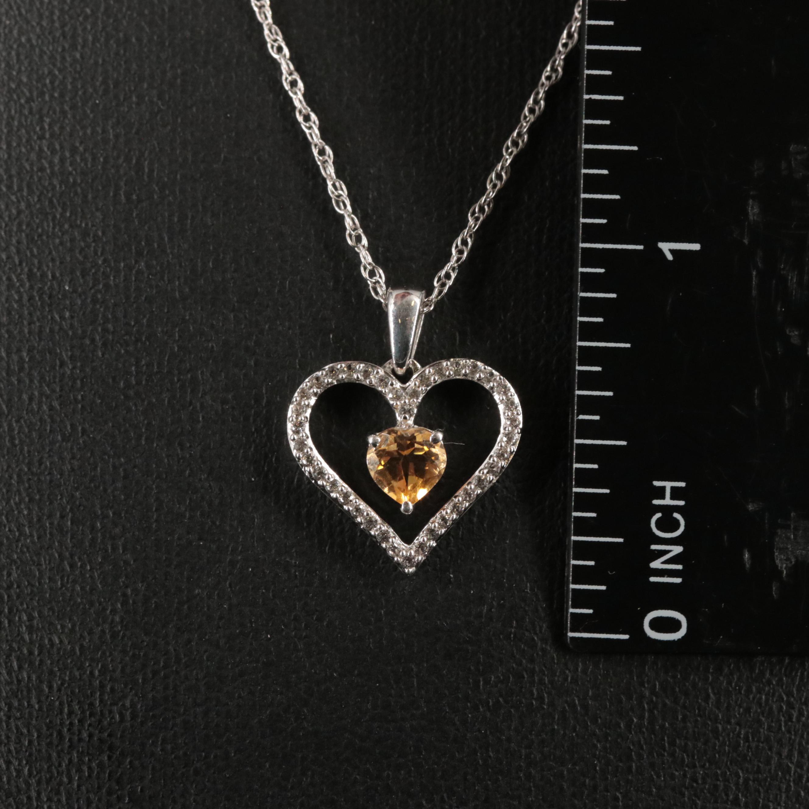 Sterling Citrine and Sapphire Heart Pendant Necklace