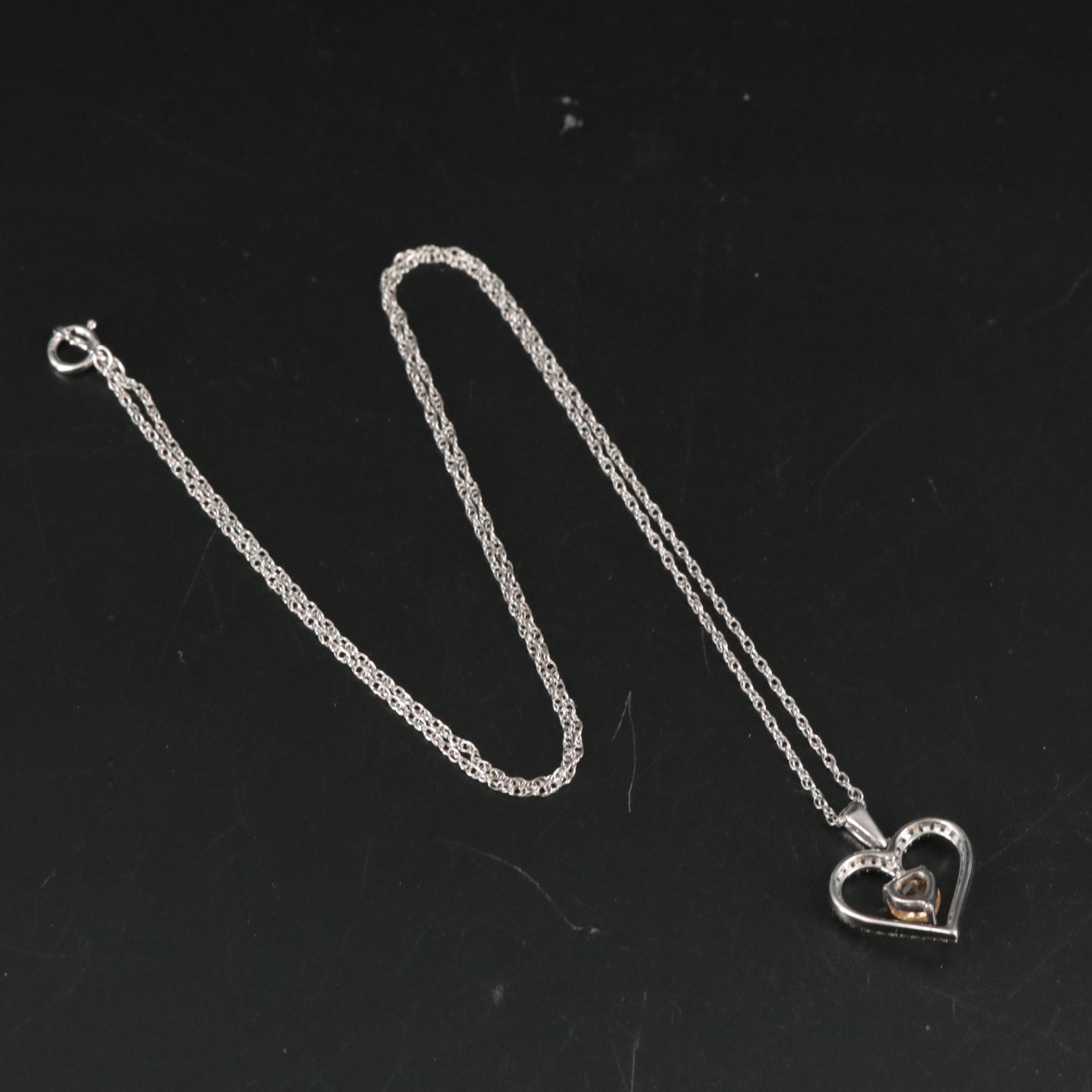 Sterling Citrine and Sapphire Heart Pendant Necklace