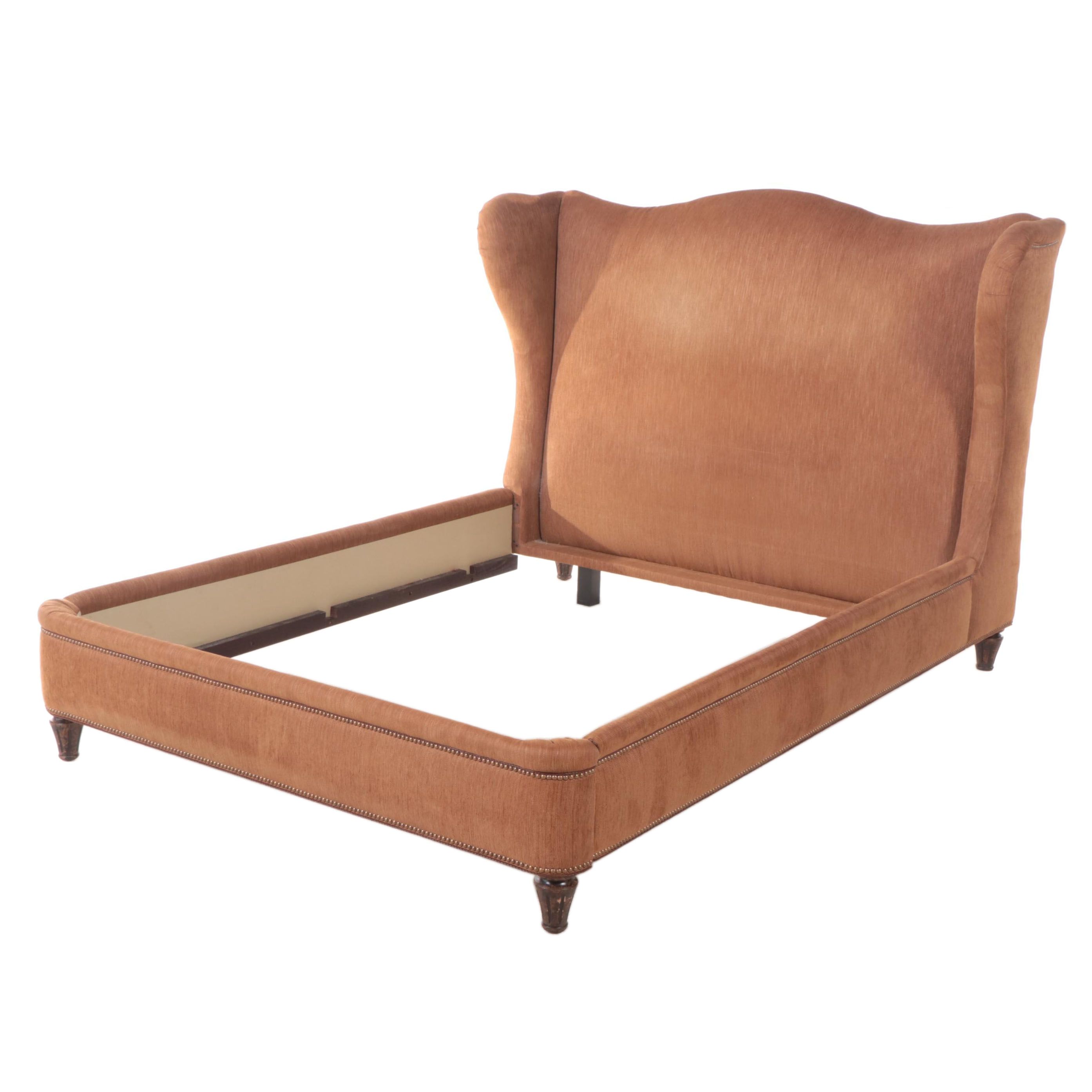 Custom-Upholstered Queen Size Bed Frame with Nailheads and Wingback Headboard