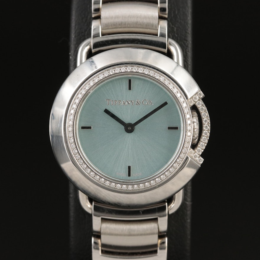 Tiffany & Co. Diamond Bezel Round Stainless Steel Wristwatch