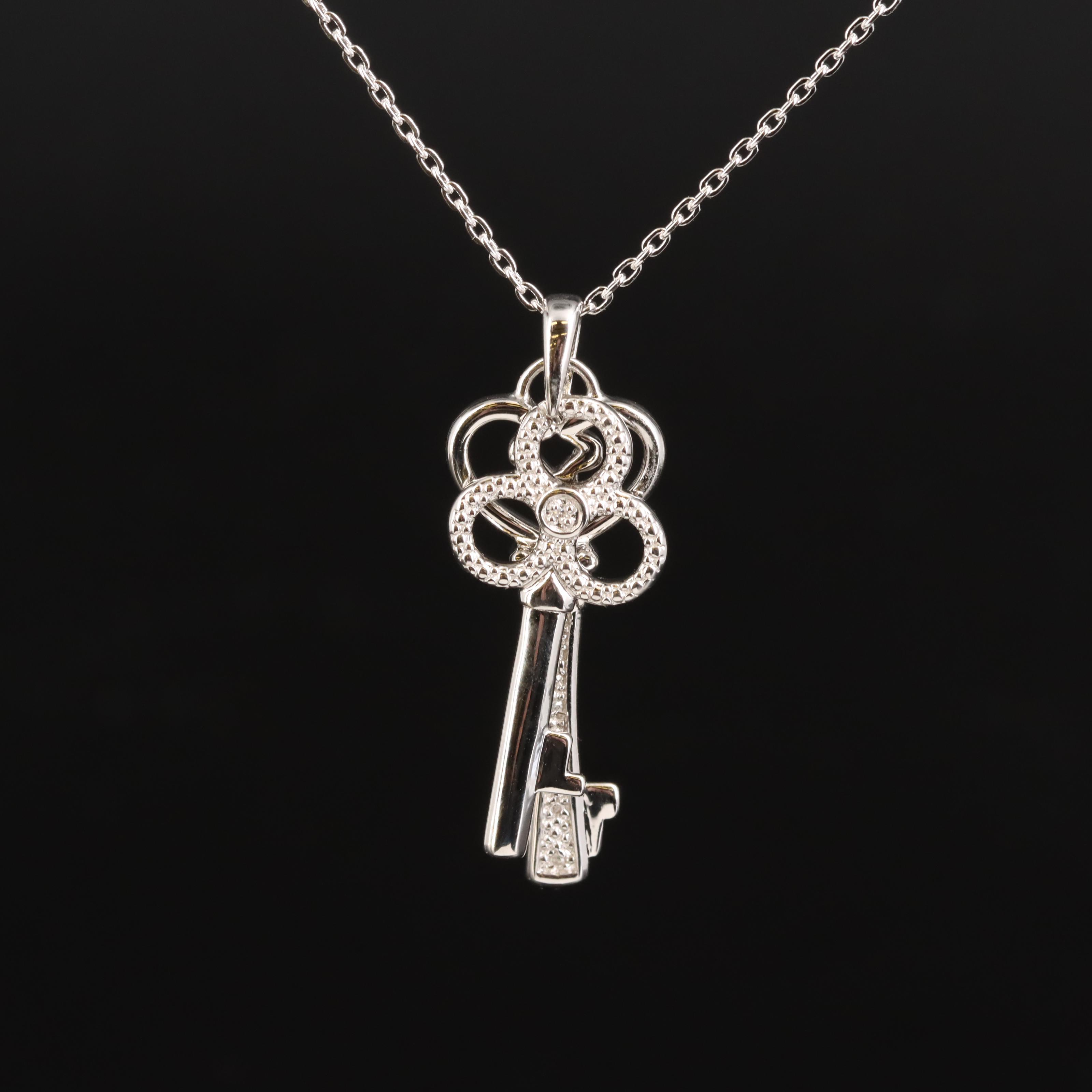 Sterling Diamond Skeleton Key Pendant Necklace