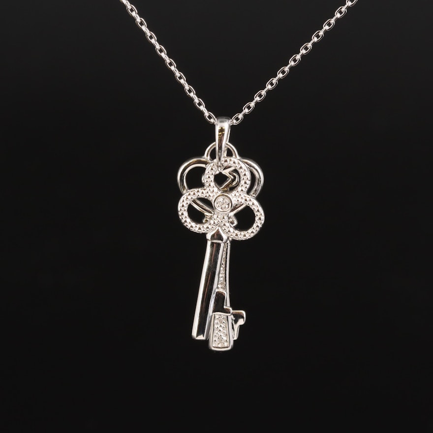 Sterling Diamond Skeleton Key Pendant Necklace
