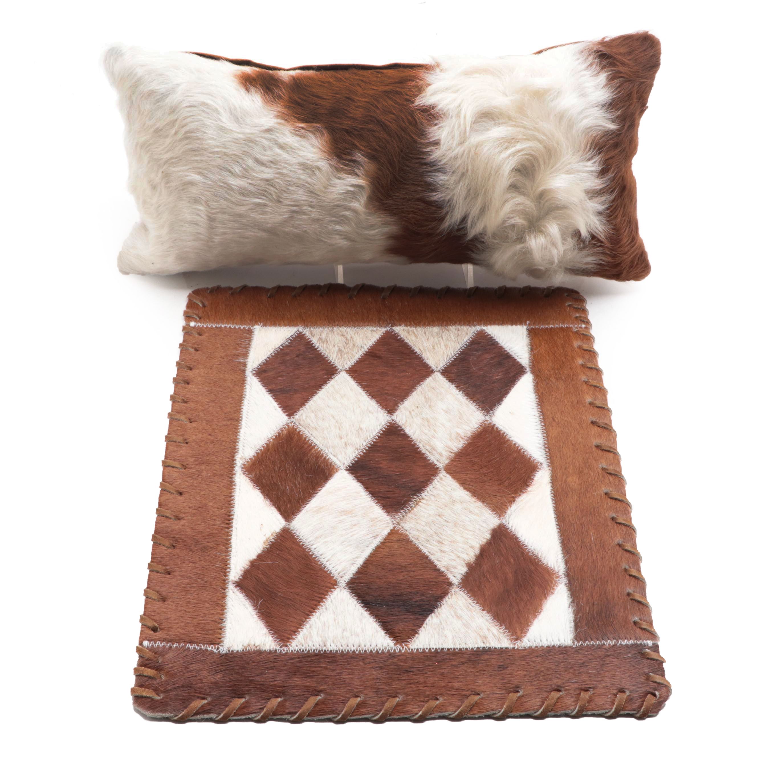 Horse Hair Diamond Patchwork Placemat and Calf Hide Bolster Pillow