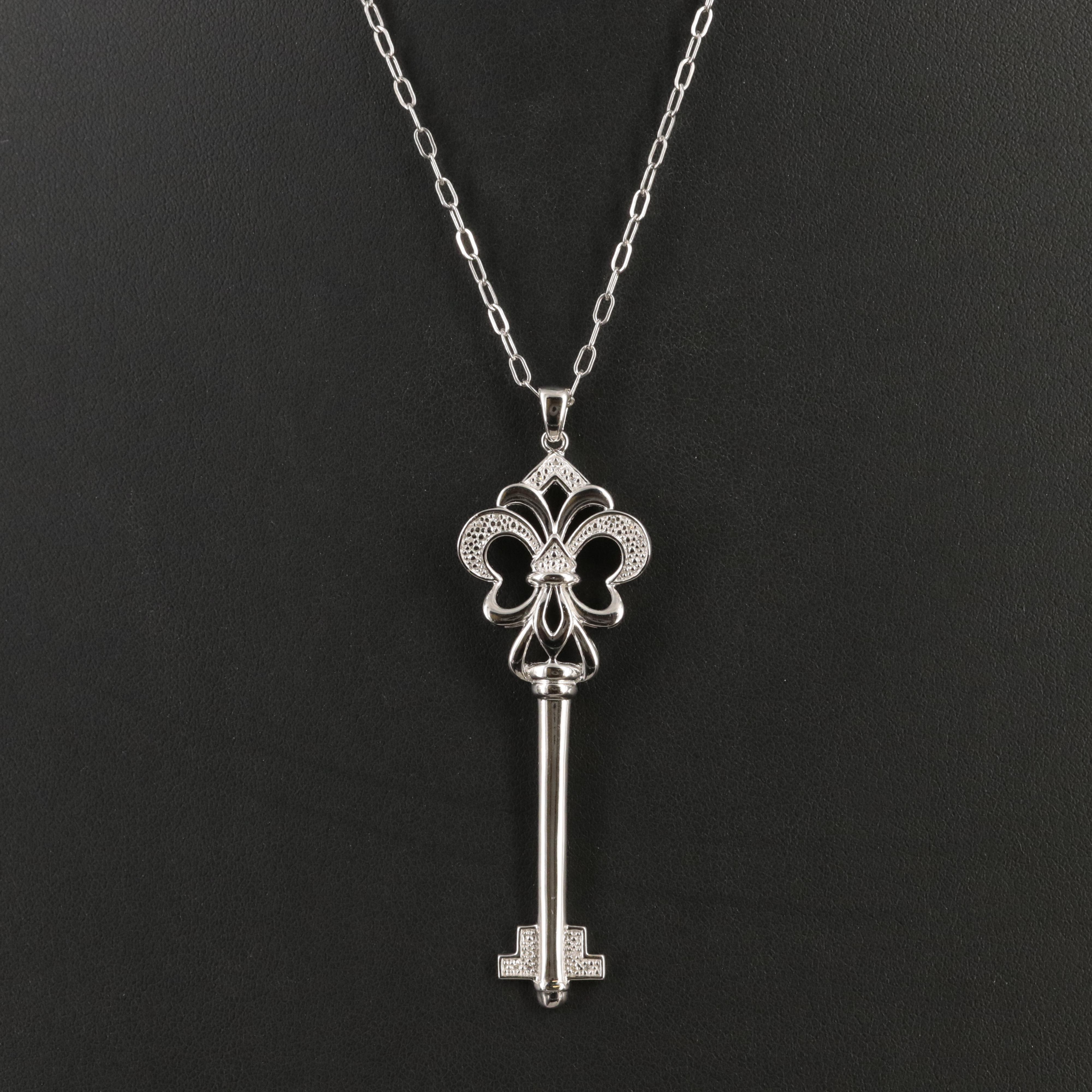 Sterling Diamond Fleur-de-lis Key Pendant Necklace