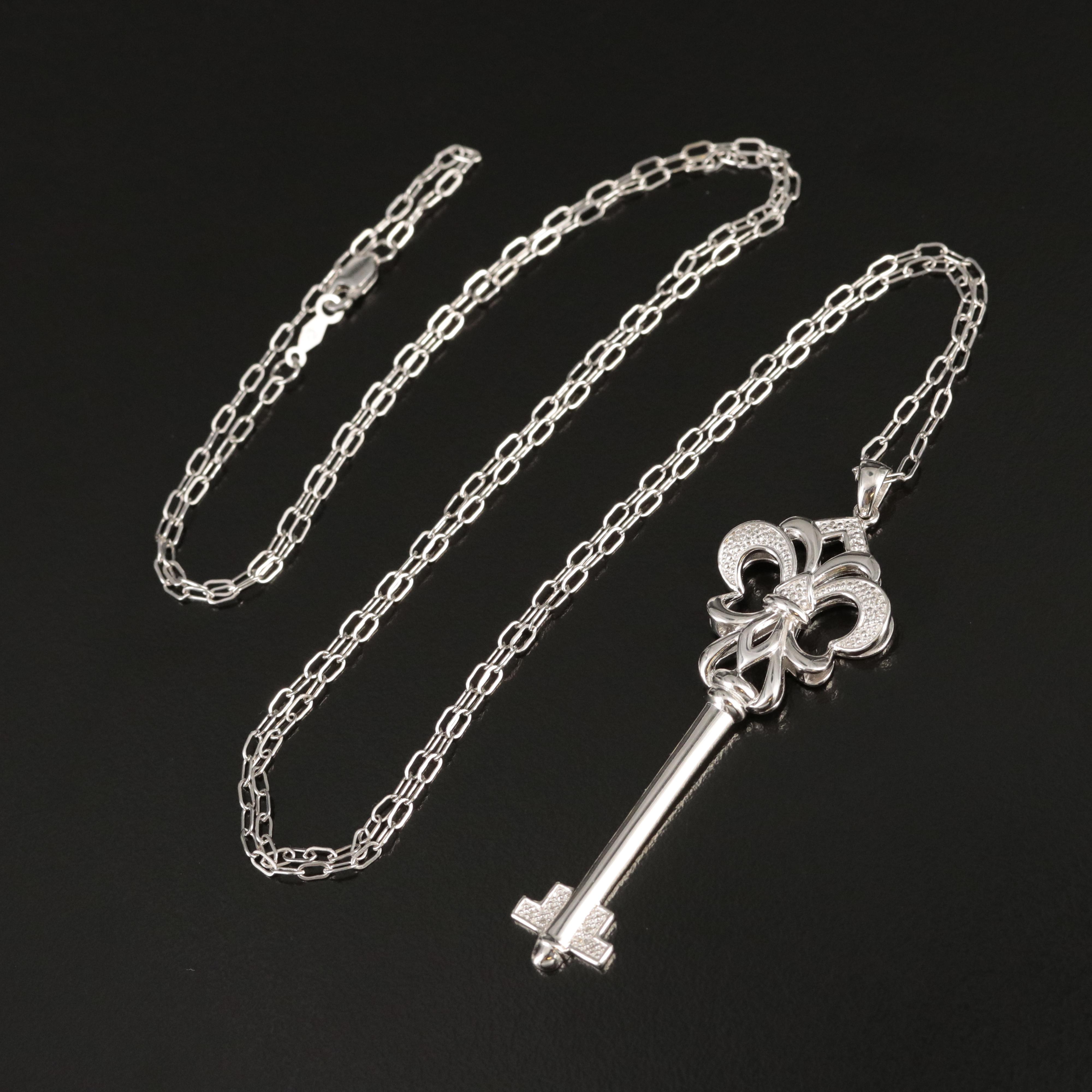 Sterling Diamond Fleur-de-lis Key Pendant Necklace