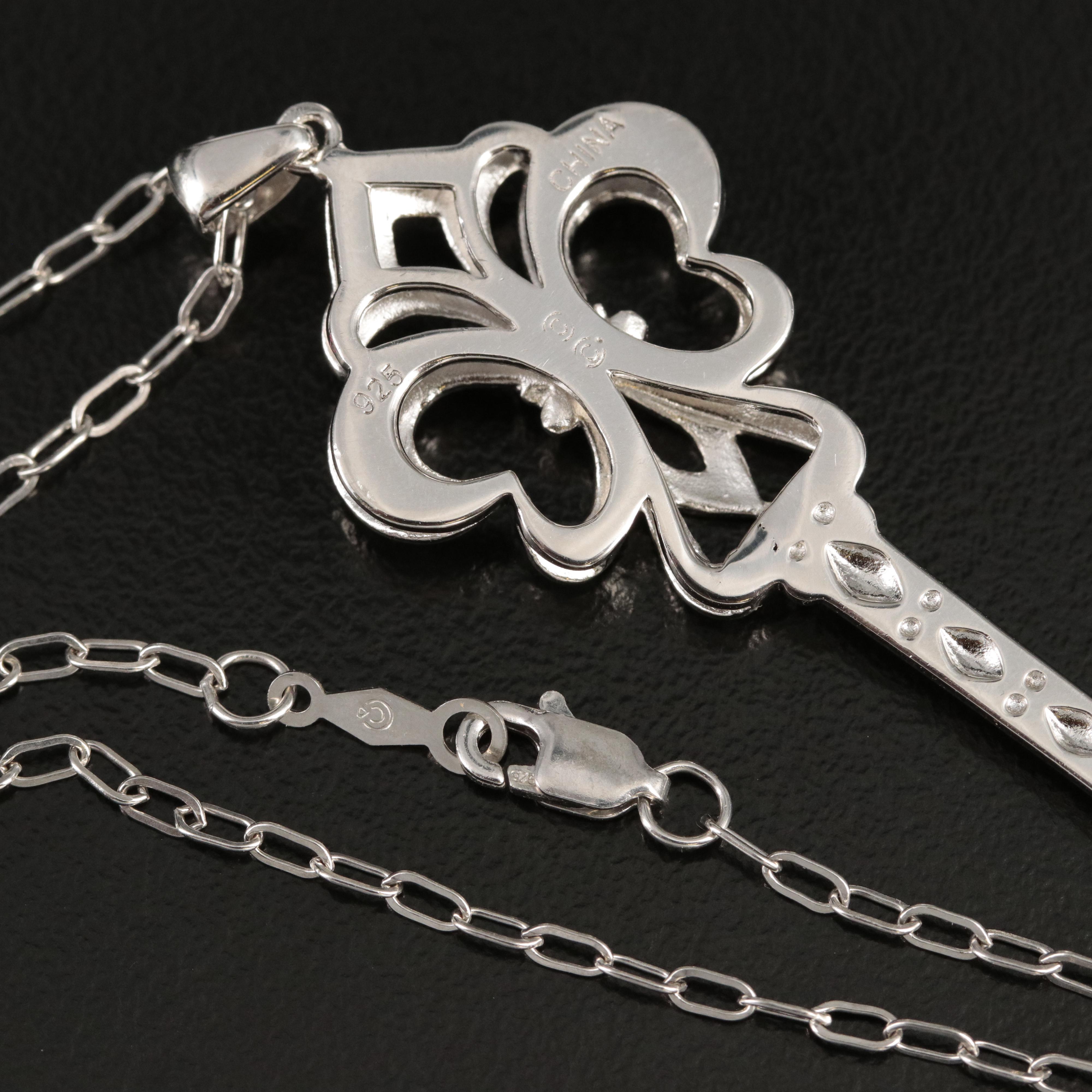 Sterling Diamond Fleur-de-lis Key Pendant Necklace