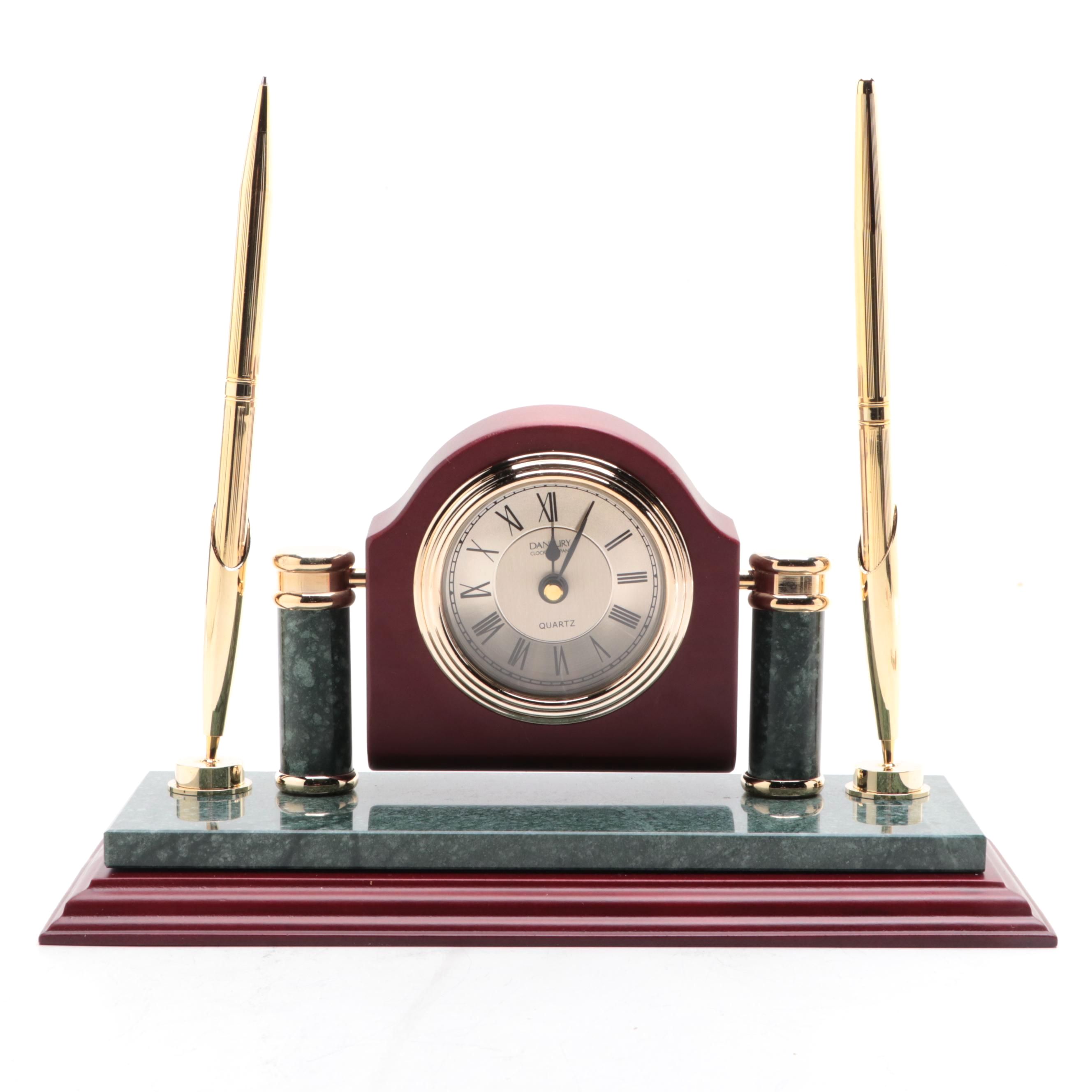 Danbury Wood and Marble Desk Clock and Pen Holder