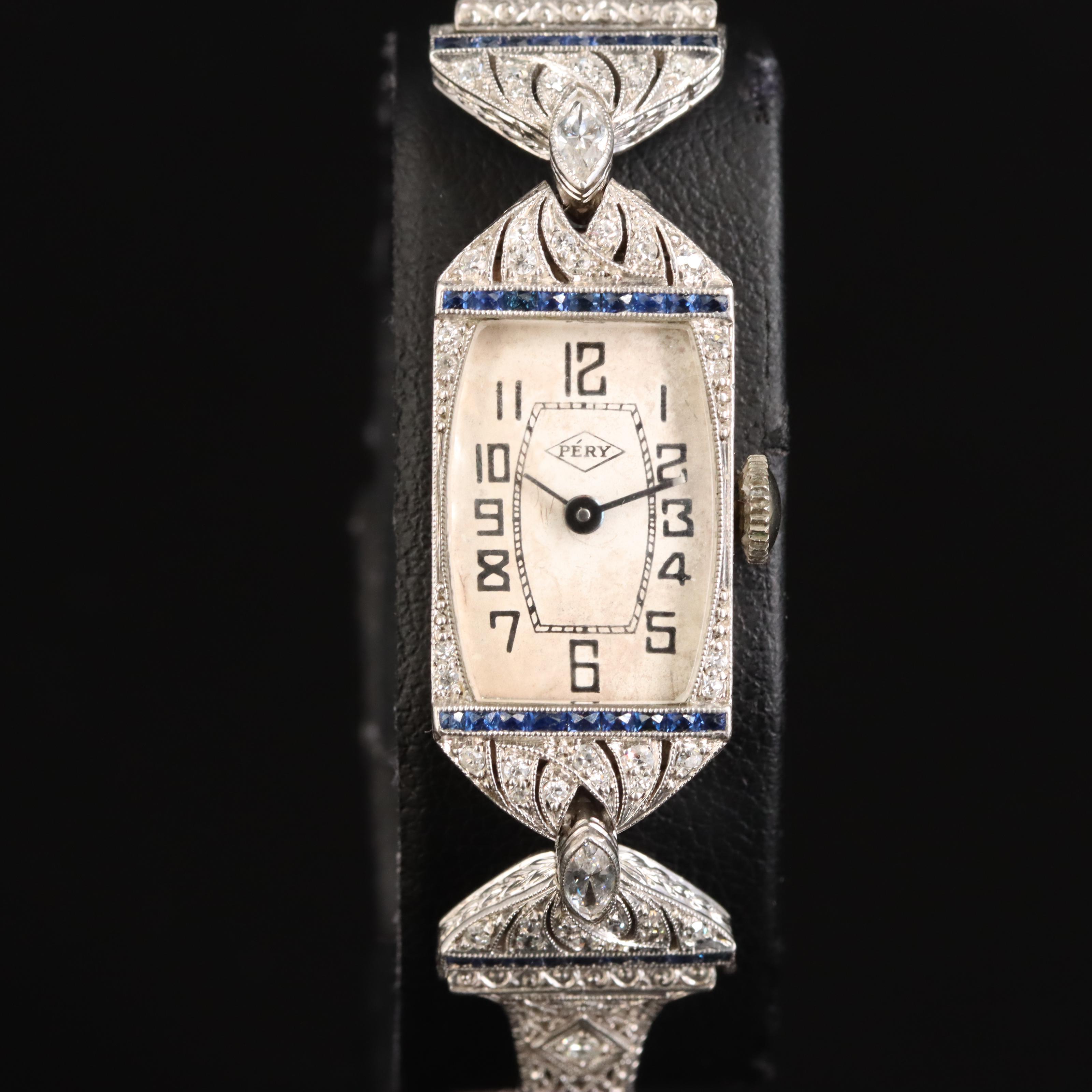Vintage Pery Platinum and 14K Diamond and Sapphire Watch
