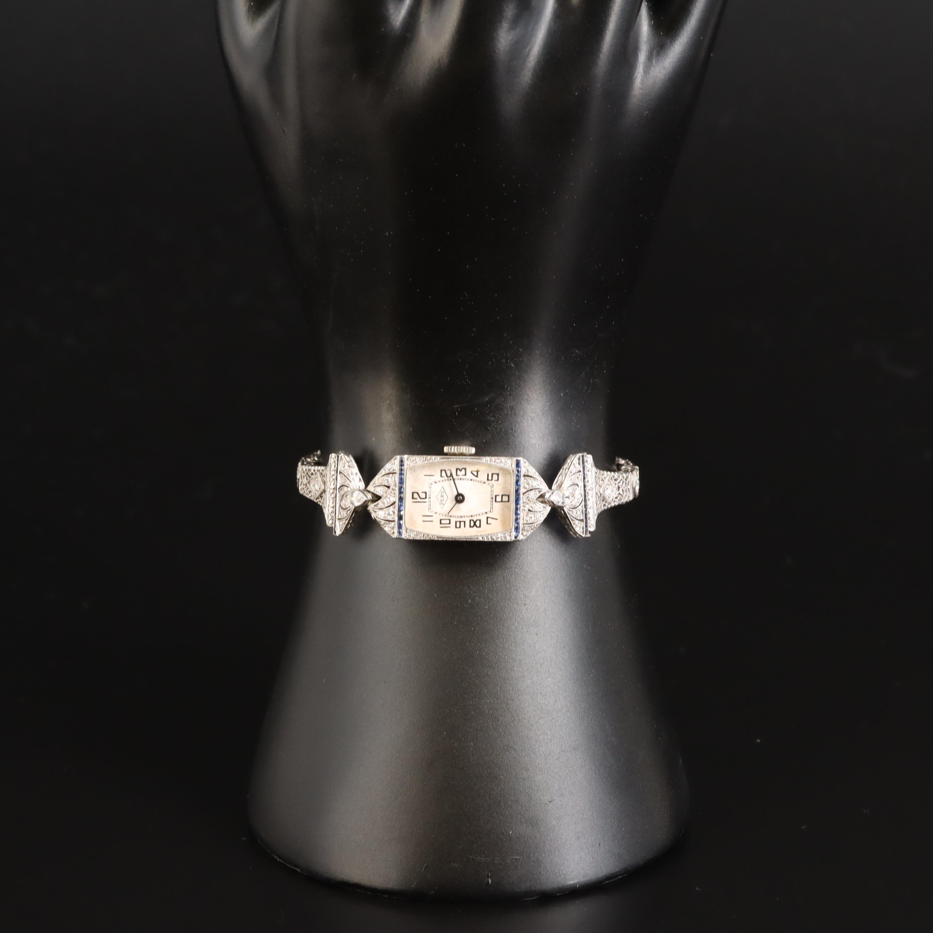 Vintage Pery Platinum and 14K Diamond and Sapphire Watch