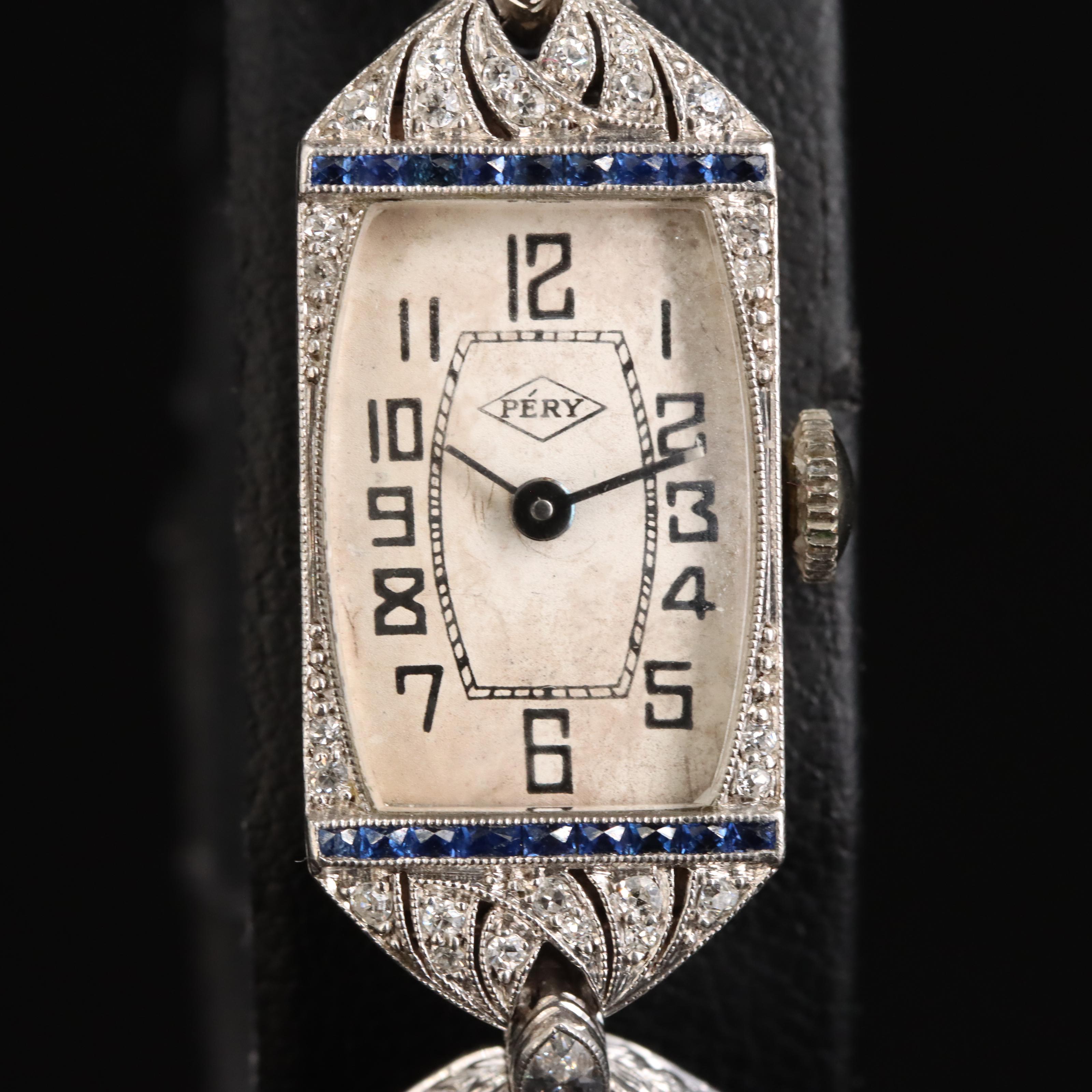 Vintage Pery Platinum and 14K Diamond and Sapphire Watch