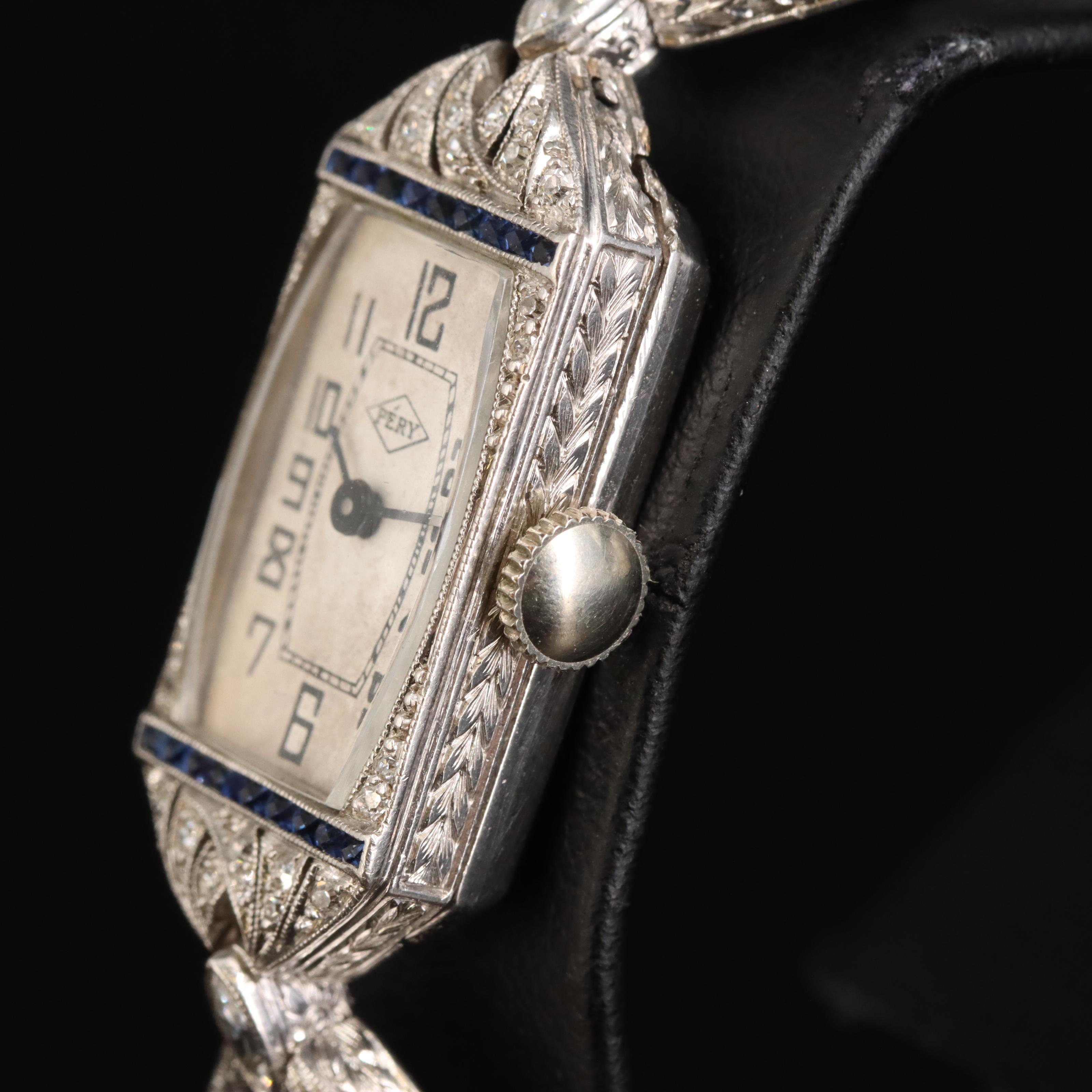 Vintage Pery Platinum and 14K Diamond and Sapphire Watch