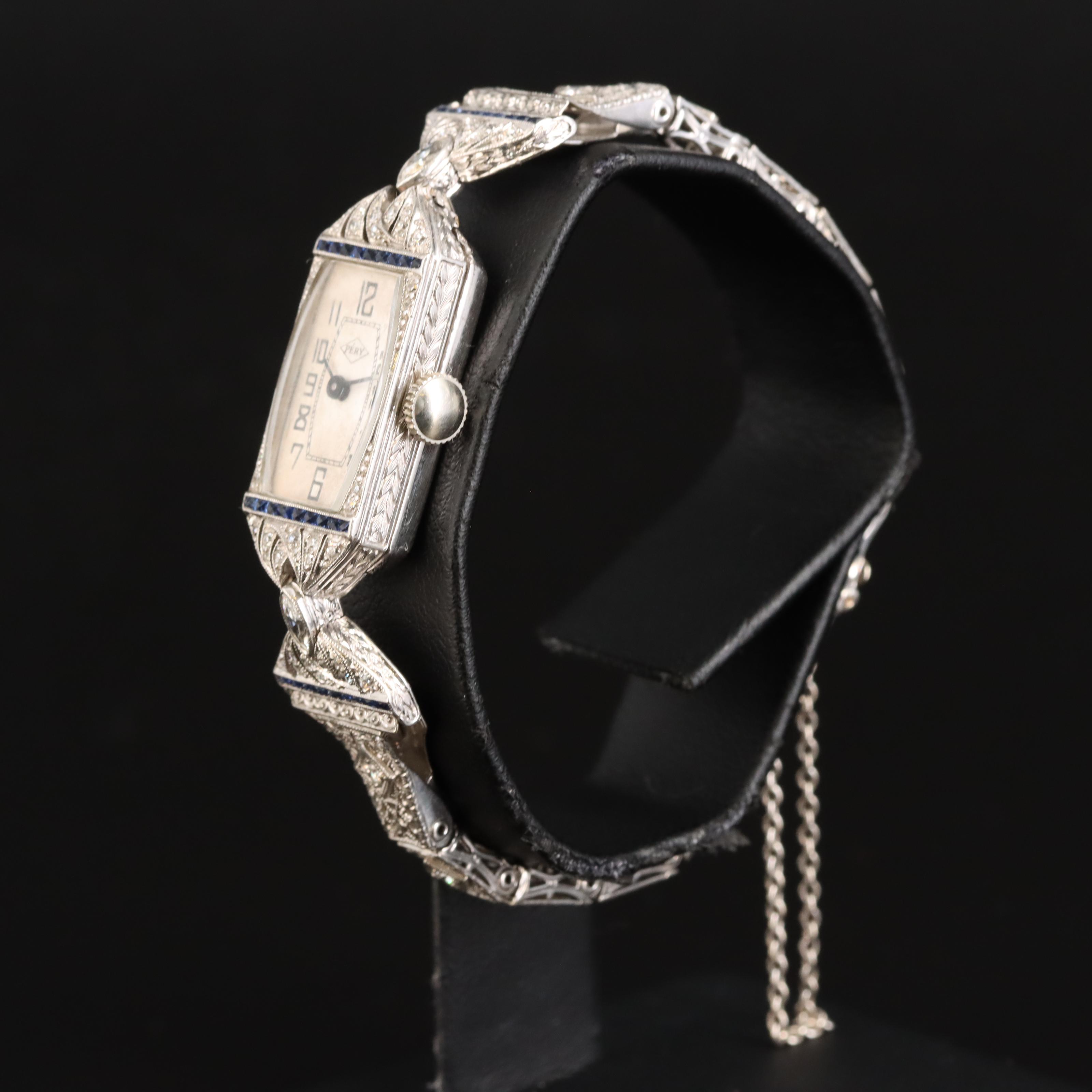 Vintage Pery Platinum and 14K Diamond and Sapphire Watch