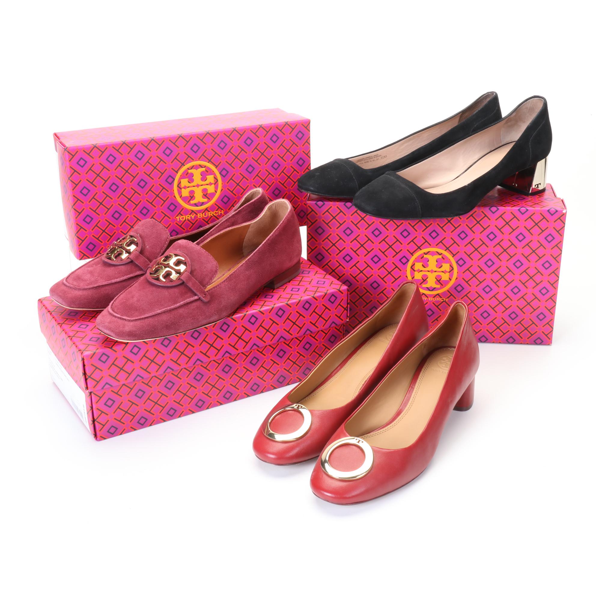 Tory Burch Metal Miller Loafers, Suede Evelyn and Leather Caterina Heels
