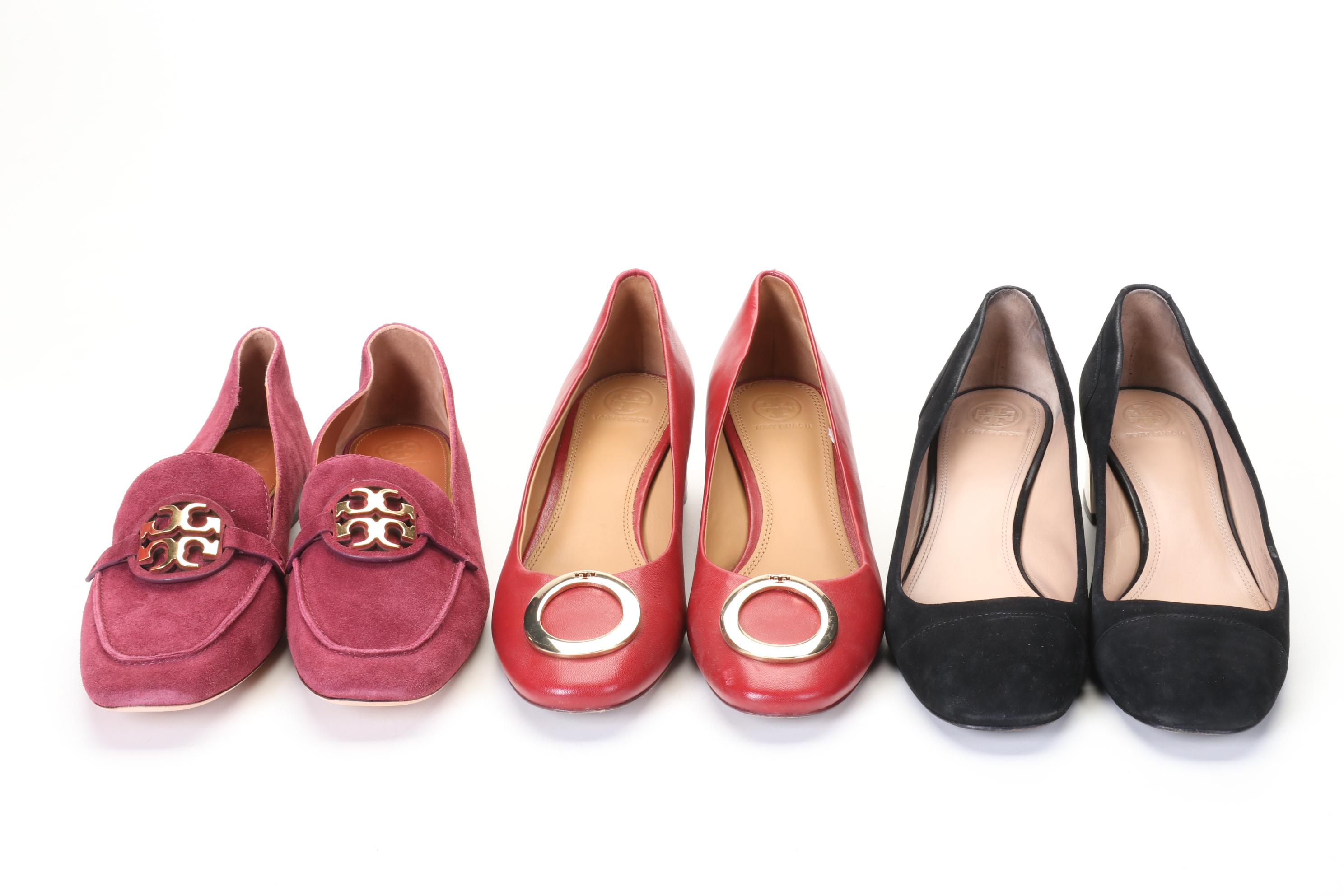 Tory Burch Metal Miller Loafers, Suede Evelyn and Leather Caterina Heels