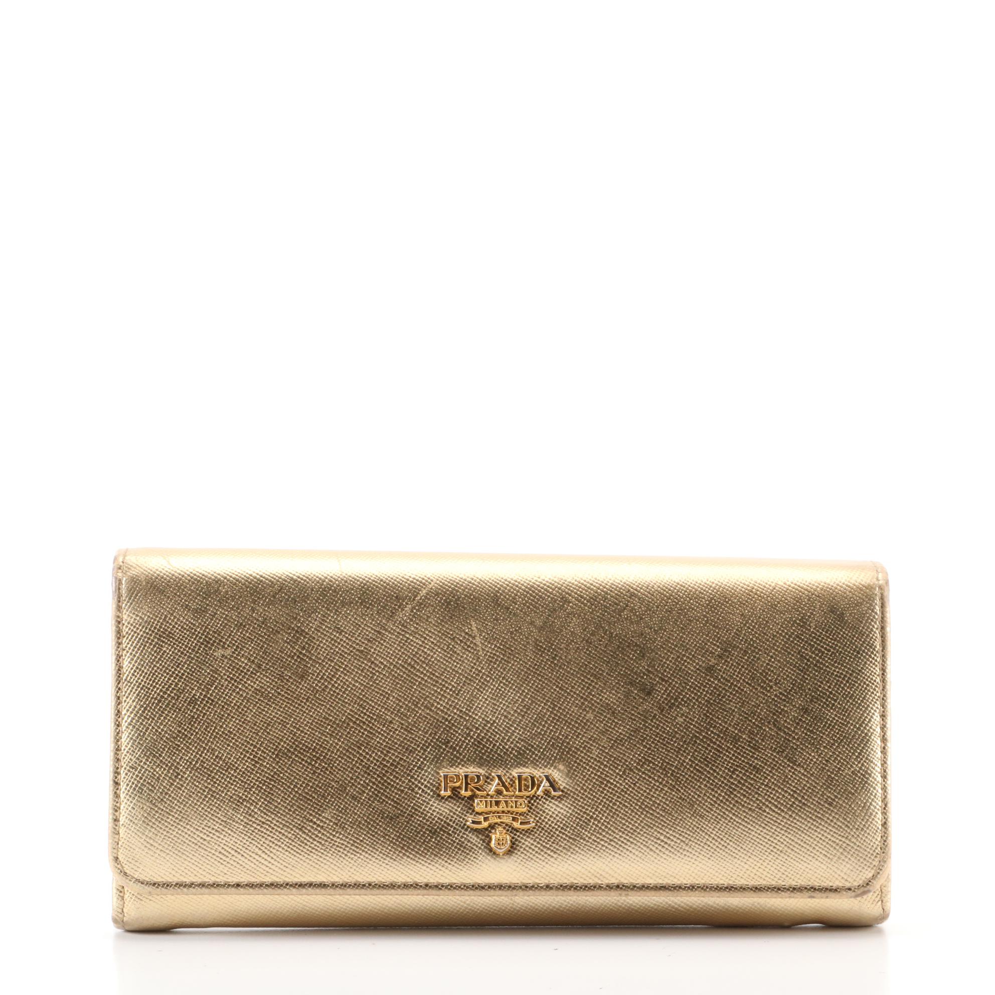 Prada Long Organizer Wallet in Metallic Gold Saffiano Leather with Box
