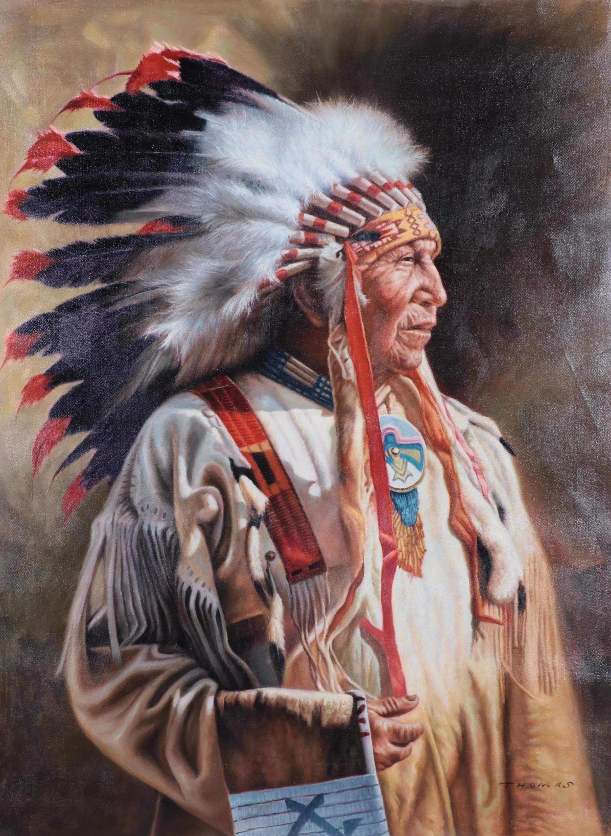 Thomas Native American Portrait Oil Painting, 21st Century