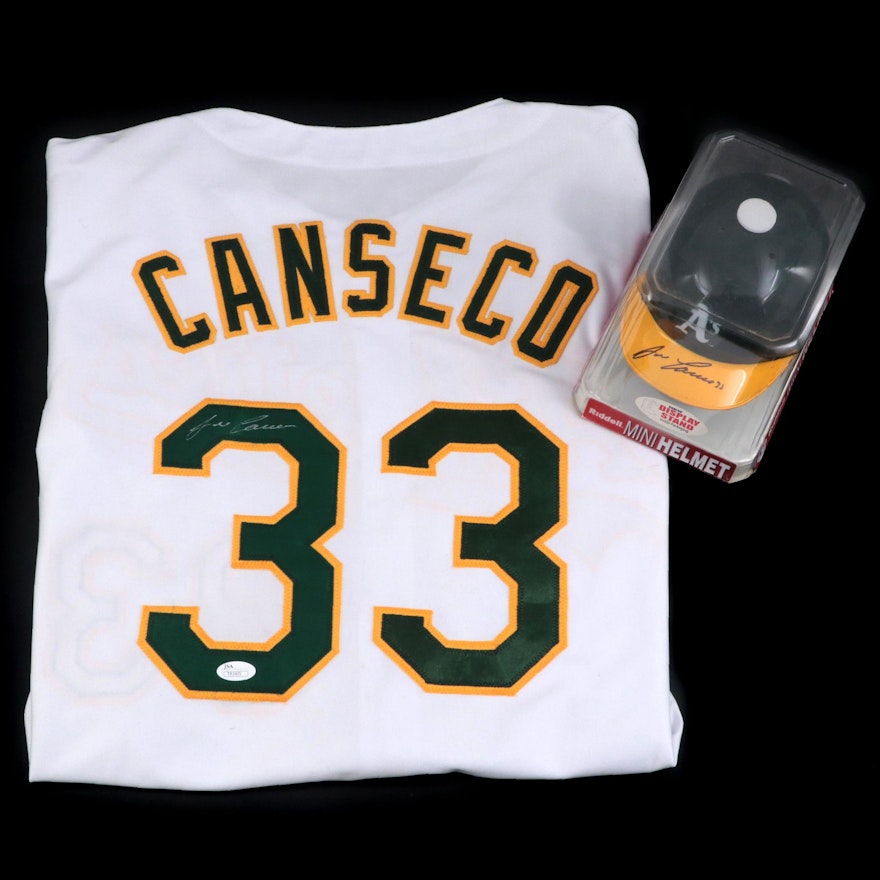 Oakland Athletics Jose Canseco Signed Baseball Jersey, Mini Riddell Helmet