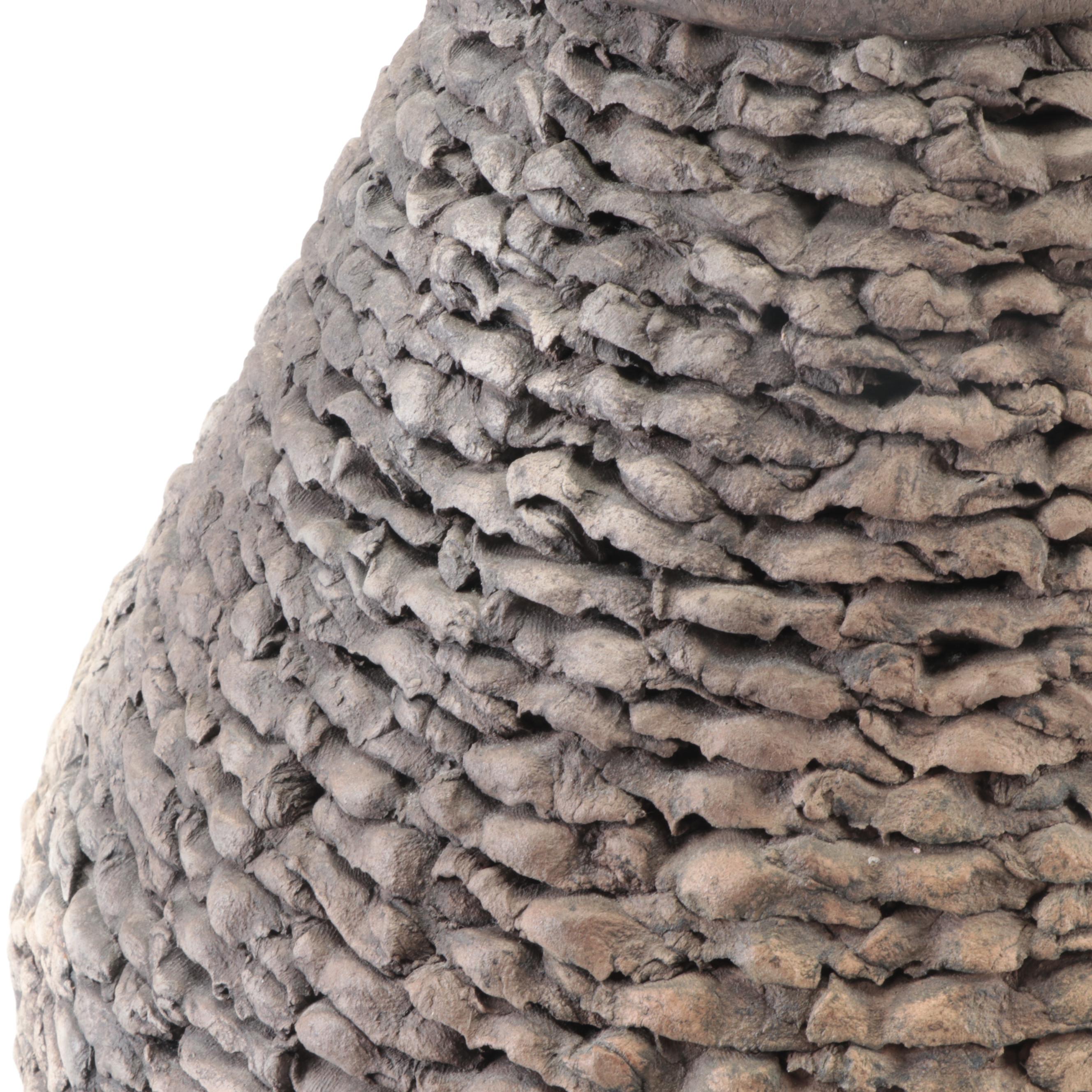 Artisan Made Iron Mounted Textured Art Pottery Lidded Vase