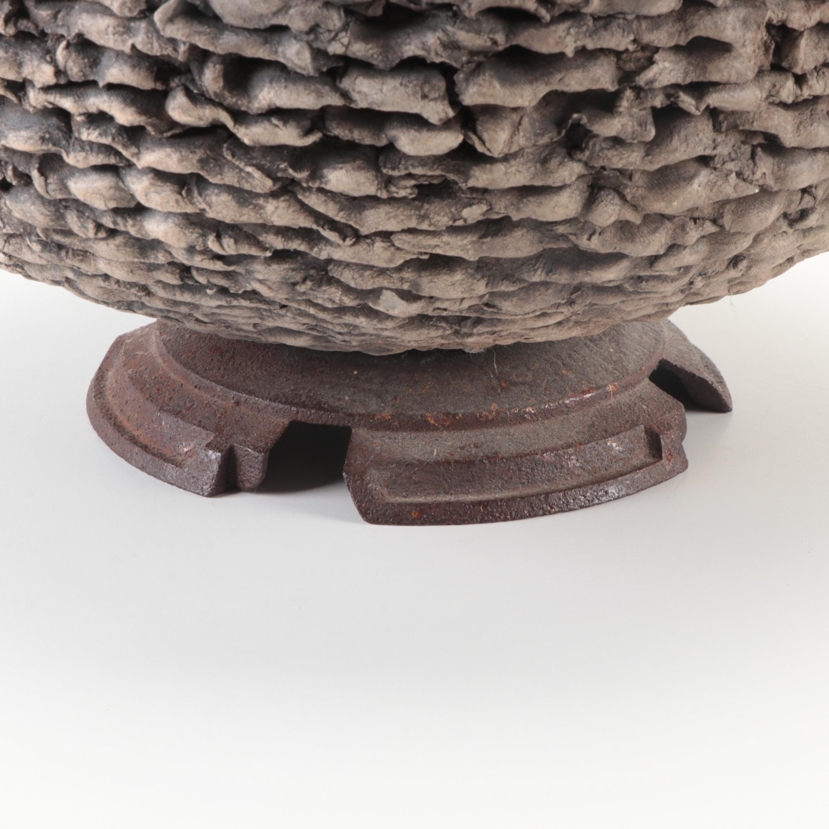 Artisan Made Iron Mounted Textured Art Pottery Lidded Vase