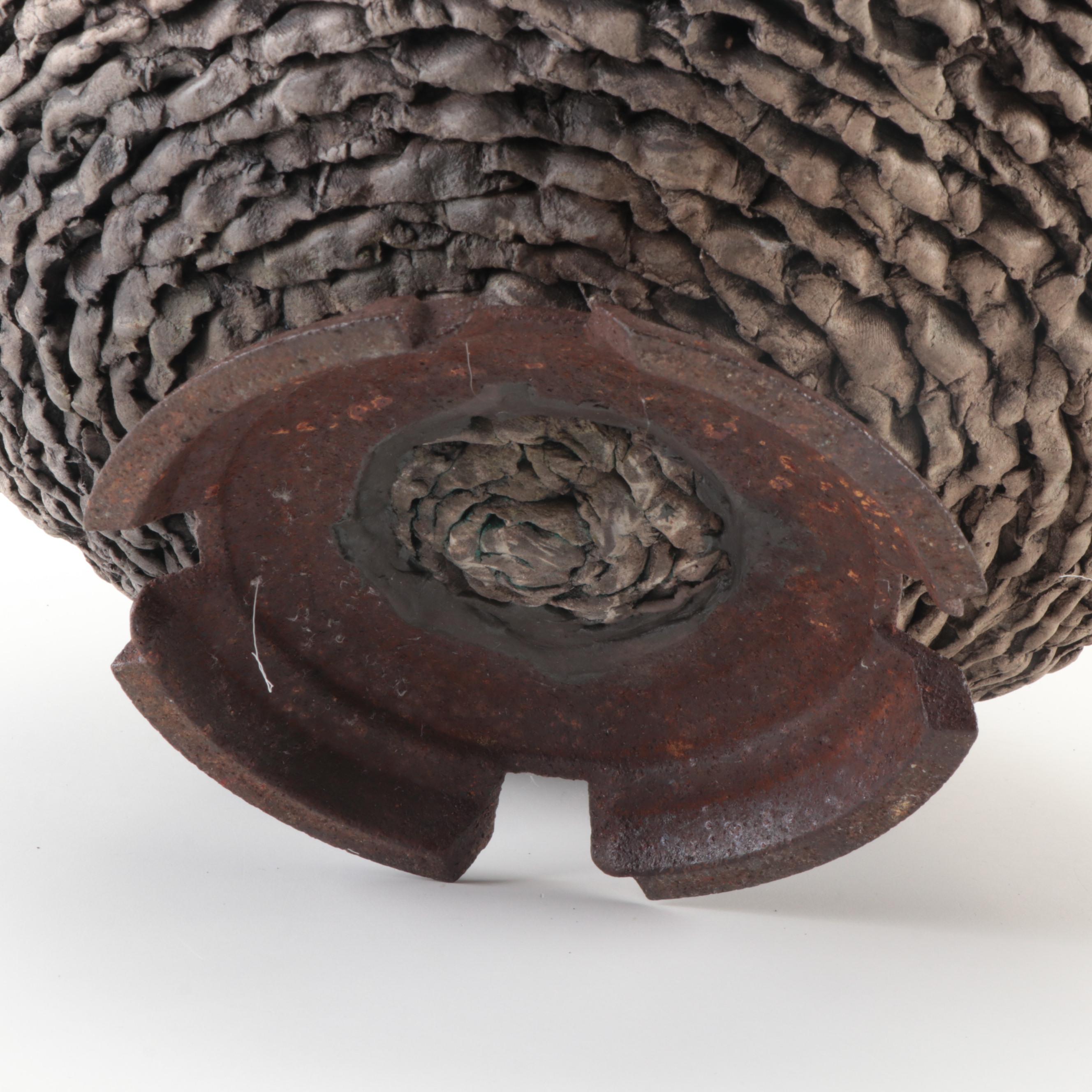 Artisan Made Iron Mounted Textured Art Pottery Lidded Vase