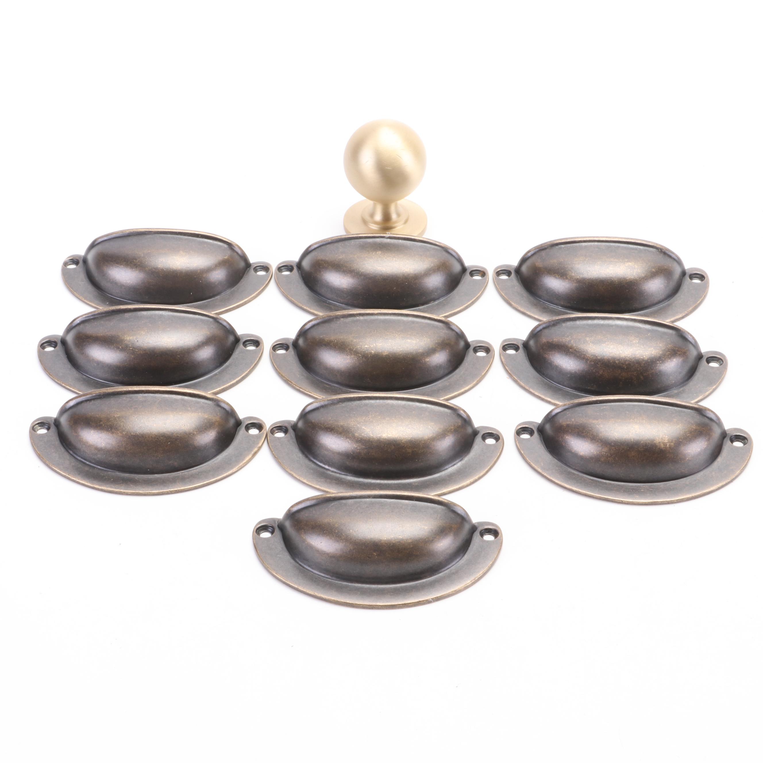 Mottled Brass Cup Cabinet Pulls with Satin Brass Round Knob