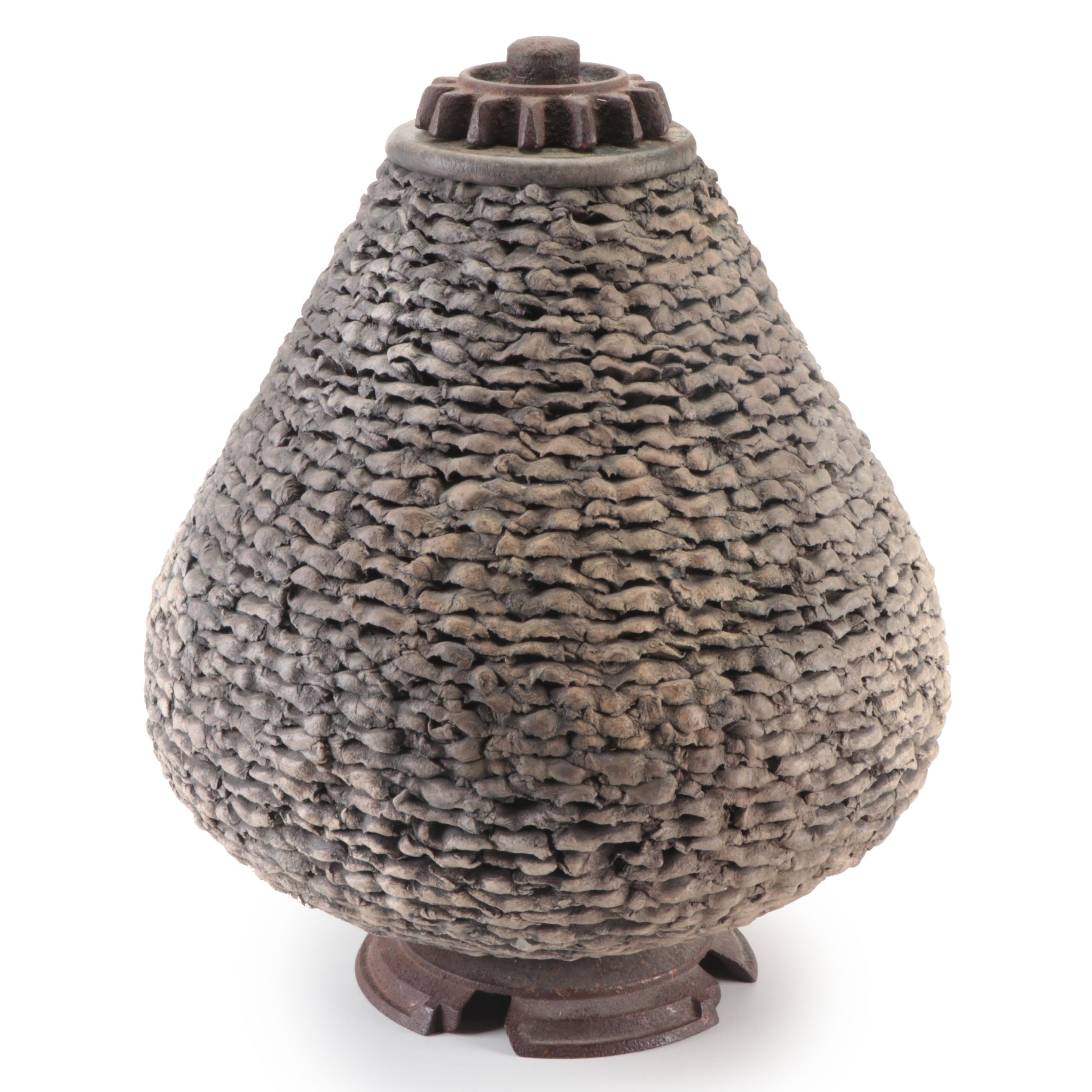 Artisan Made Iron Mounted Textured Art Pottery Lidded Vase