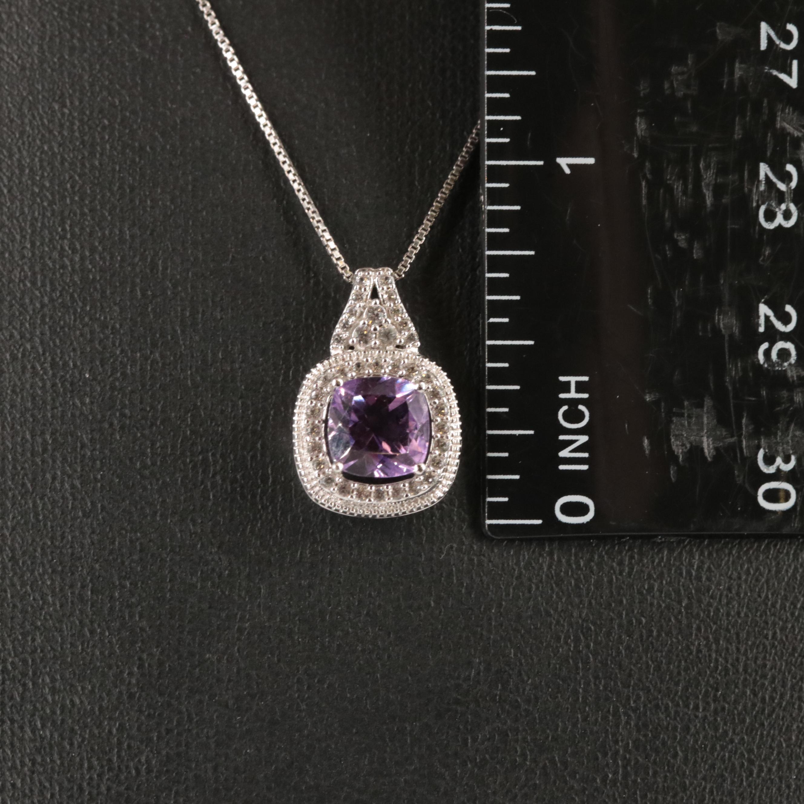 Sterling Amethyst and Sapphire Halo Pendant Necklace