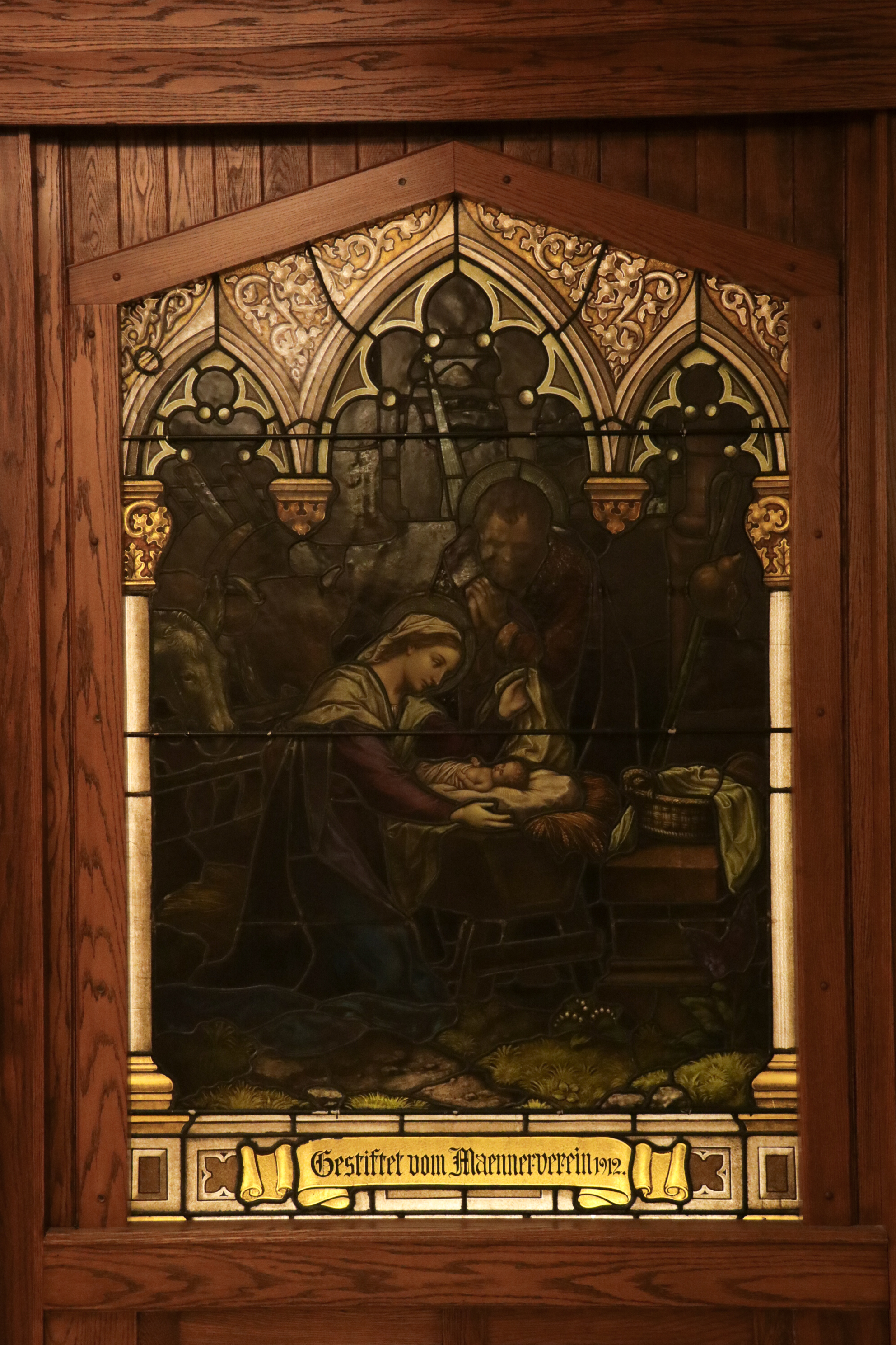 Stained Glass Window Panel Depicting the Holy Family with Christ in the Manger