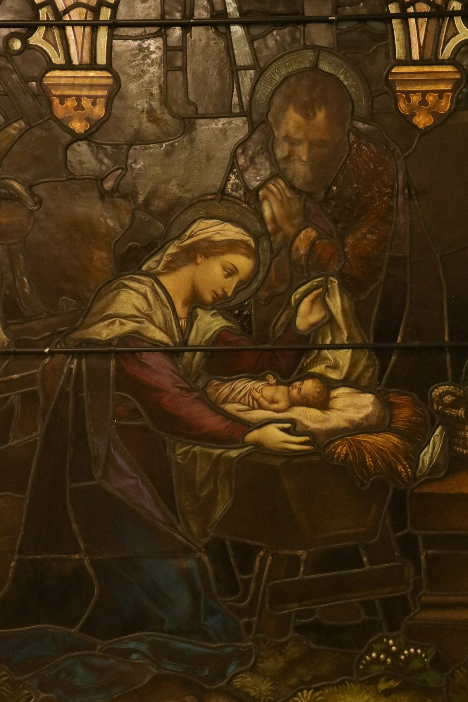 Stained Glass Window Panel Depicting the Holy Family with Christ in the Manger