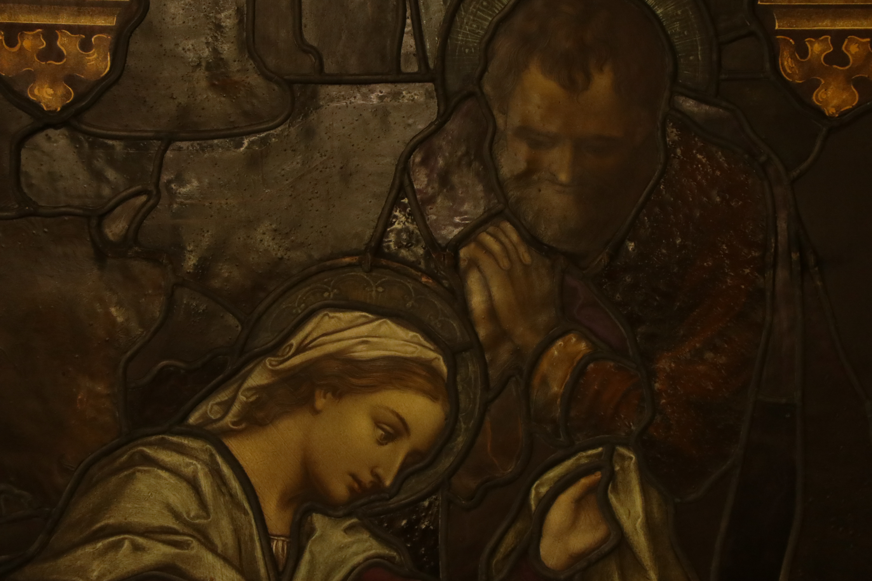 Stained Glass Window Panel Depicting the Holy Family with Christ in the Manger