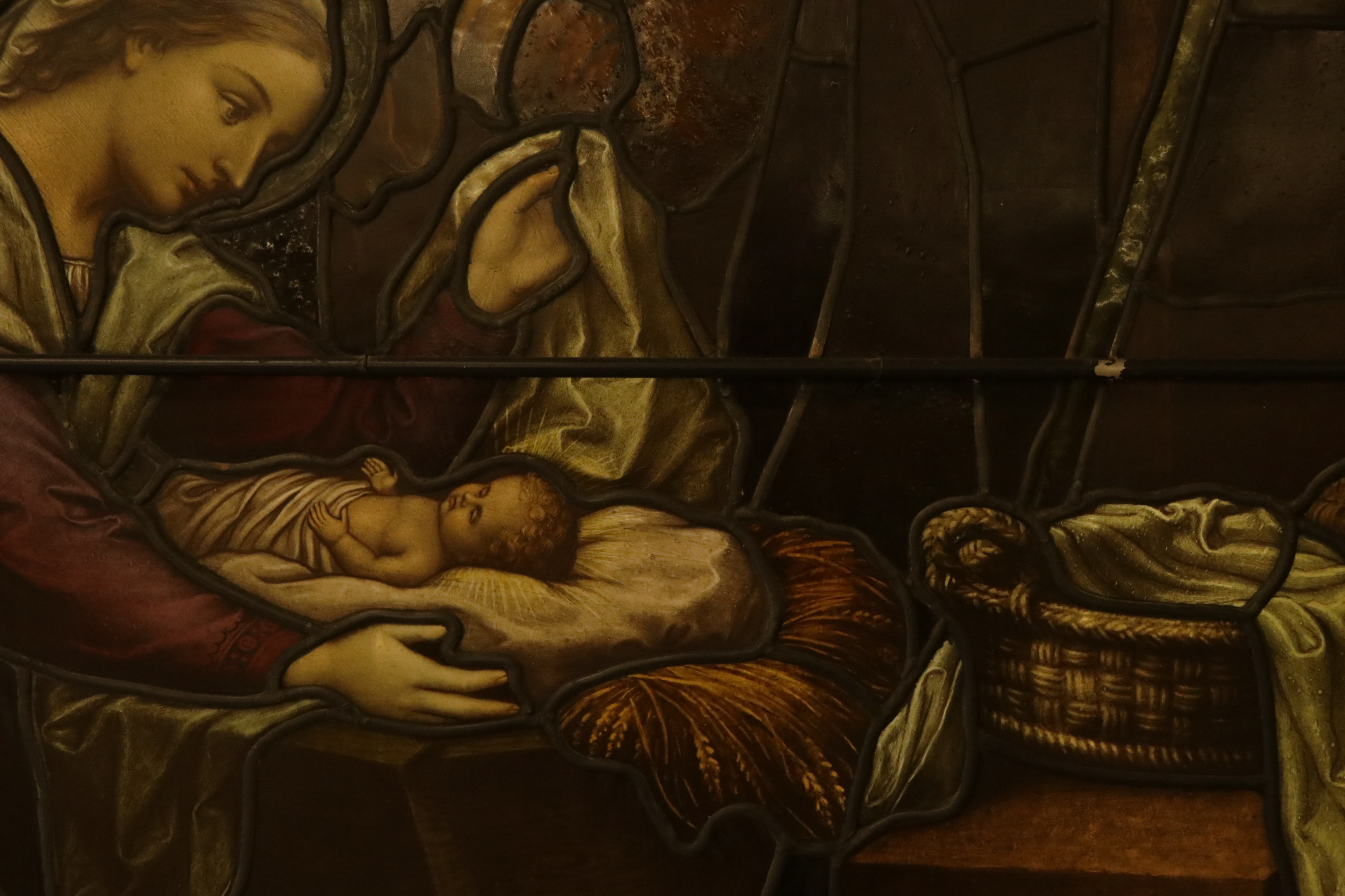 Stained Glass Window Panel Depicting the Holy Family with Christ in the Manger