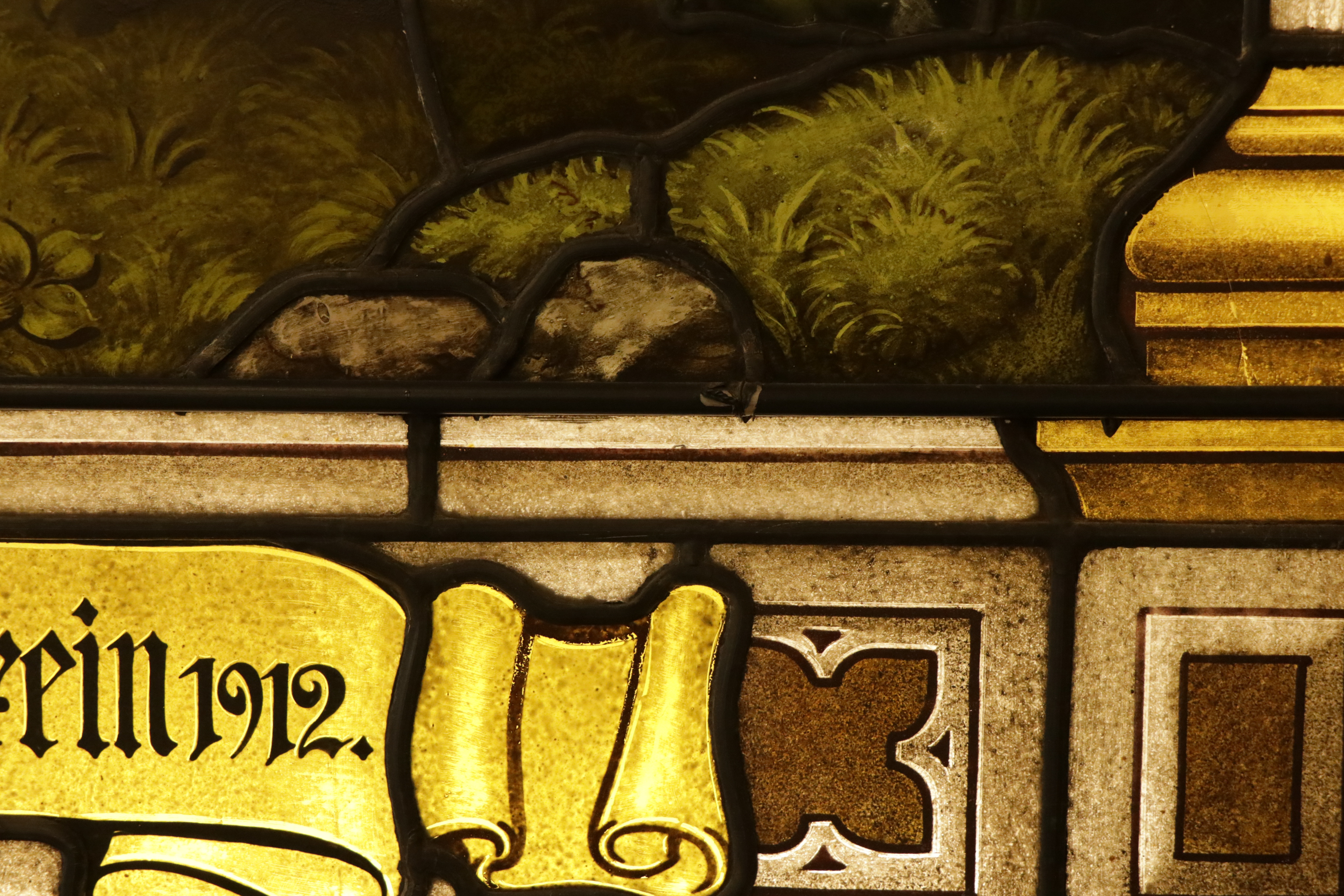 Stained Glass Window Panel Depicting the Holy Family with Christ in the Manger