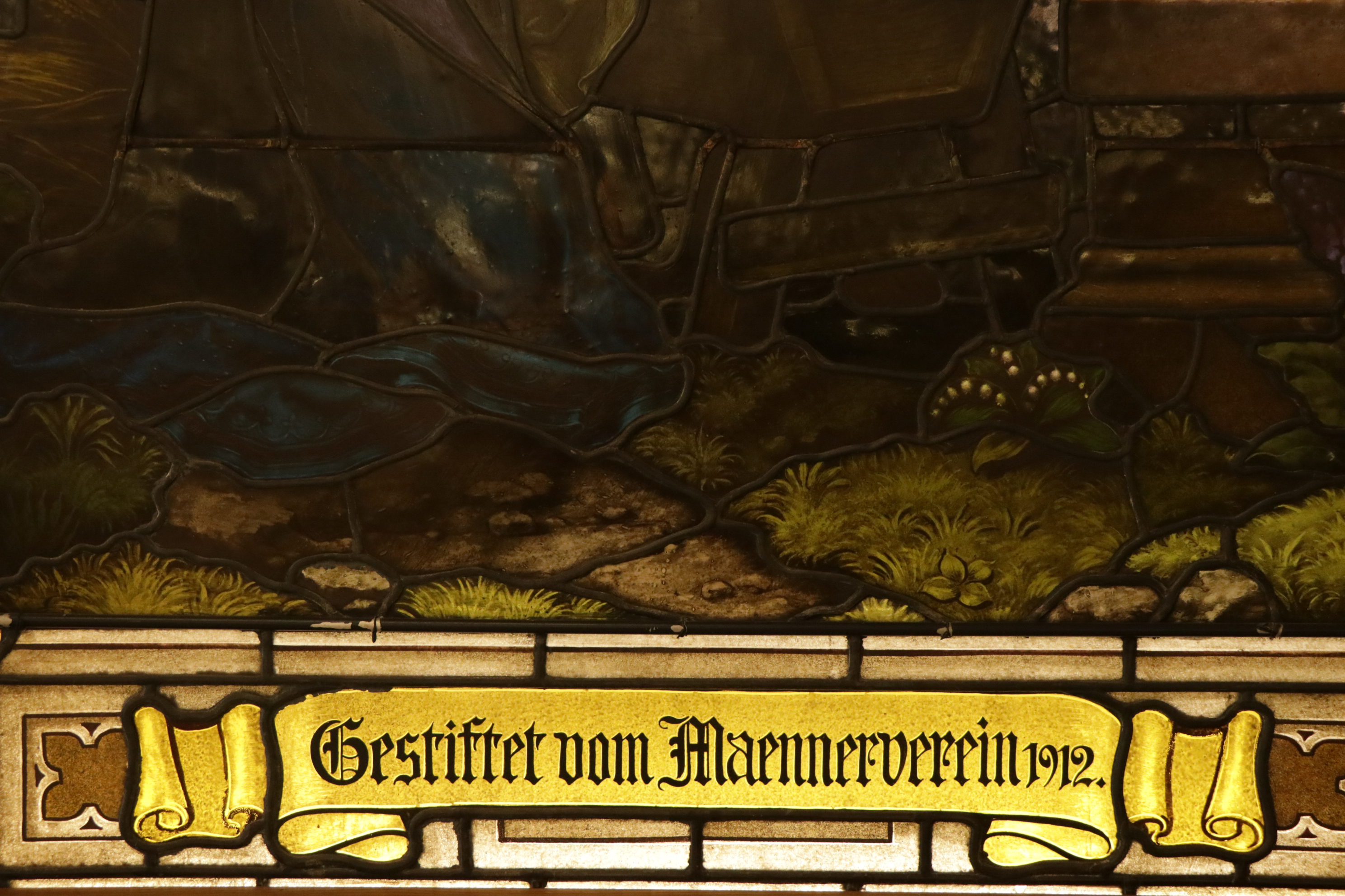 Stained Glass Window Panel Depicting the Holy Family with Christ in the Manger